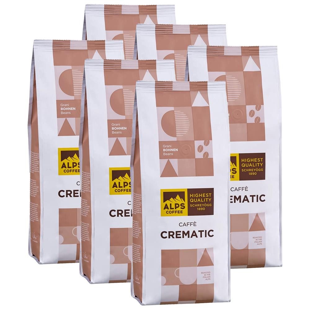 Alps Coffee Kaffee Caffè Crematic 6x 1kg Kaffeebohnen, 6 x 1000 g, besonders weich, bekömmlich und aromatisch