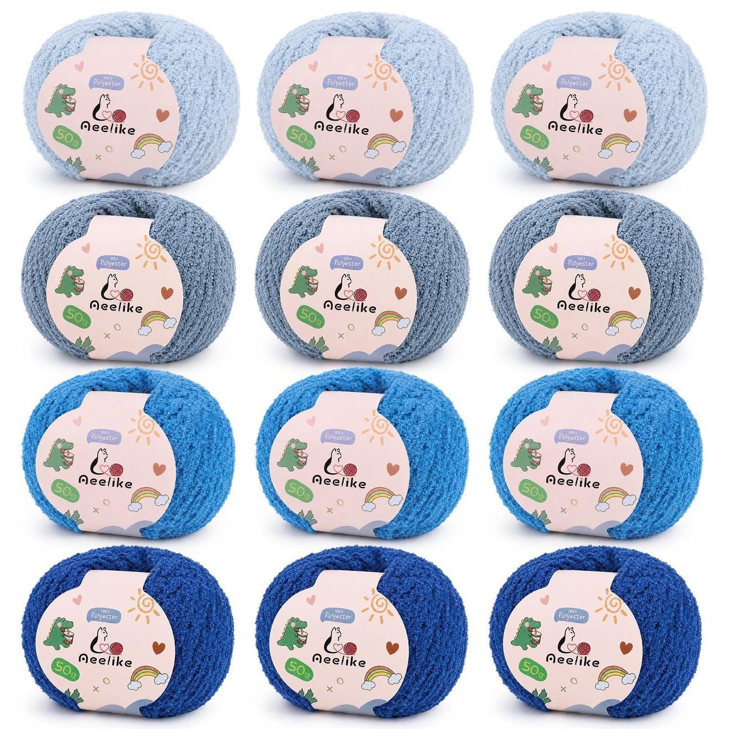 LuxusKollektion Chenille Amigurumi Wolle Set 12x50g Blau Häkelwolle