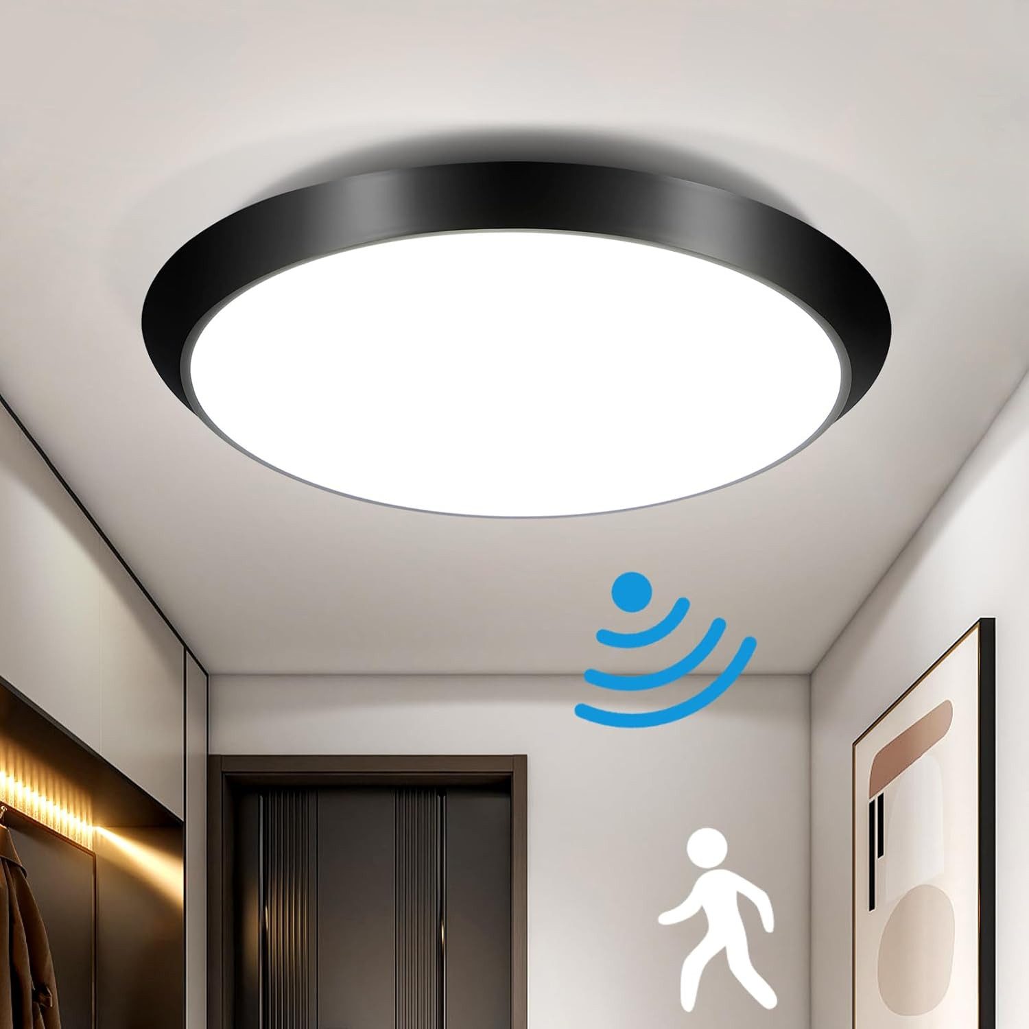 ZMH LED Deckenleuchte mit Bewegungsmelder Deckenlampe Innen 15W 4000K Wohnzimmer Flur, Augenschutaz, Einfache Installtion, LED fest integriert, 4000K, Modern Sensor Ø30CM Deckenbeleuchtung Keller