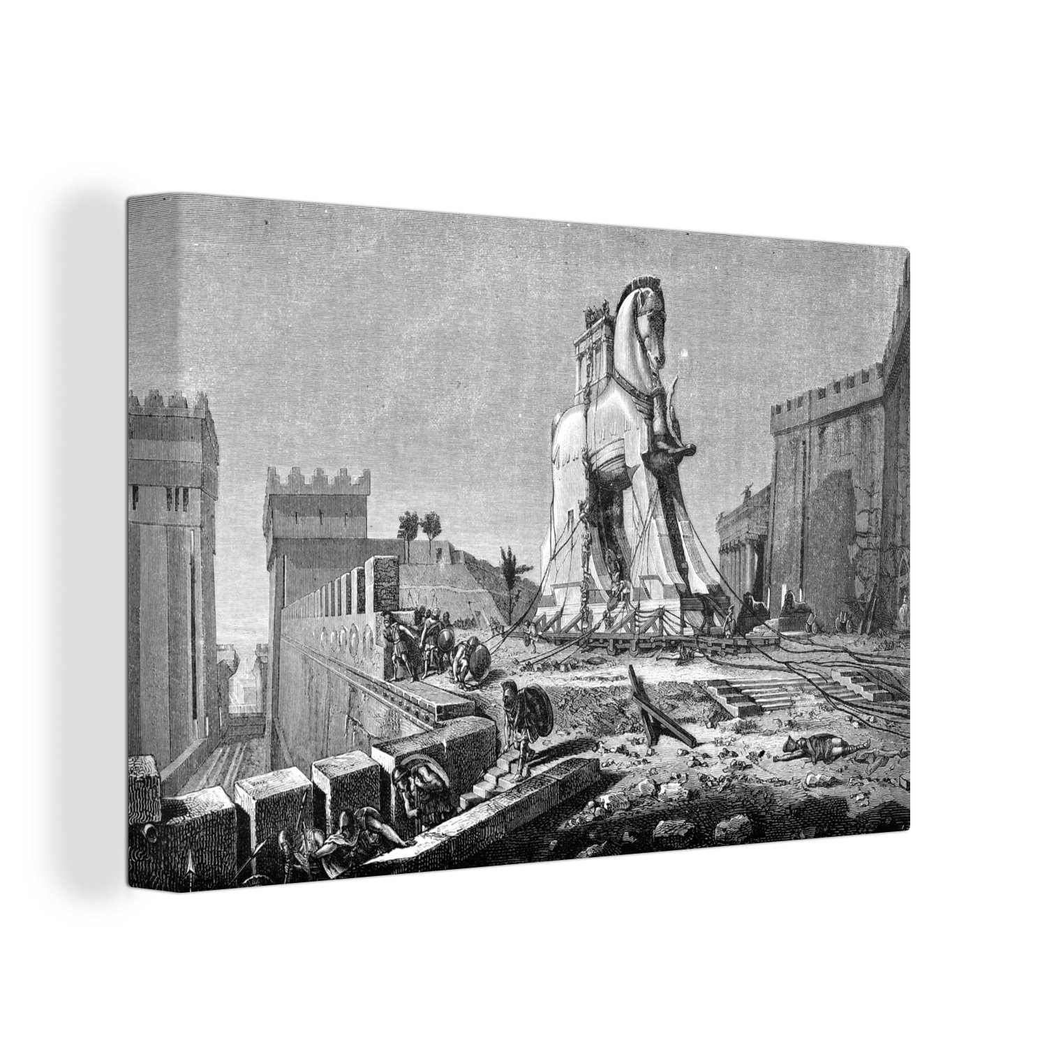 antike Illustration Wanddeko, Pferdes, Eine Trojanischen OneMillionCanvasses® Leinwandbilder, St), (1 30x20 cm schwarz-weiße des Leinwandbild Aufhängefertig, Wandbild