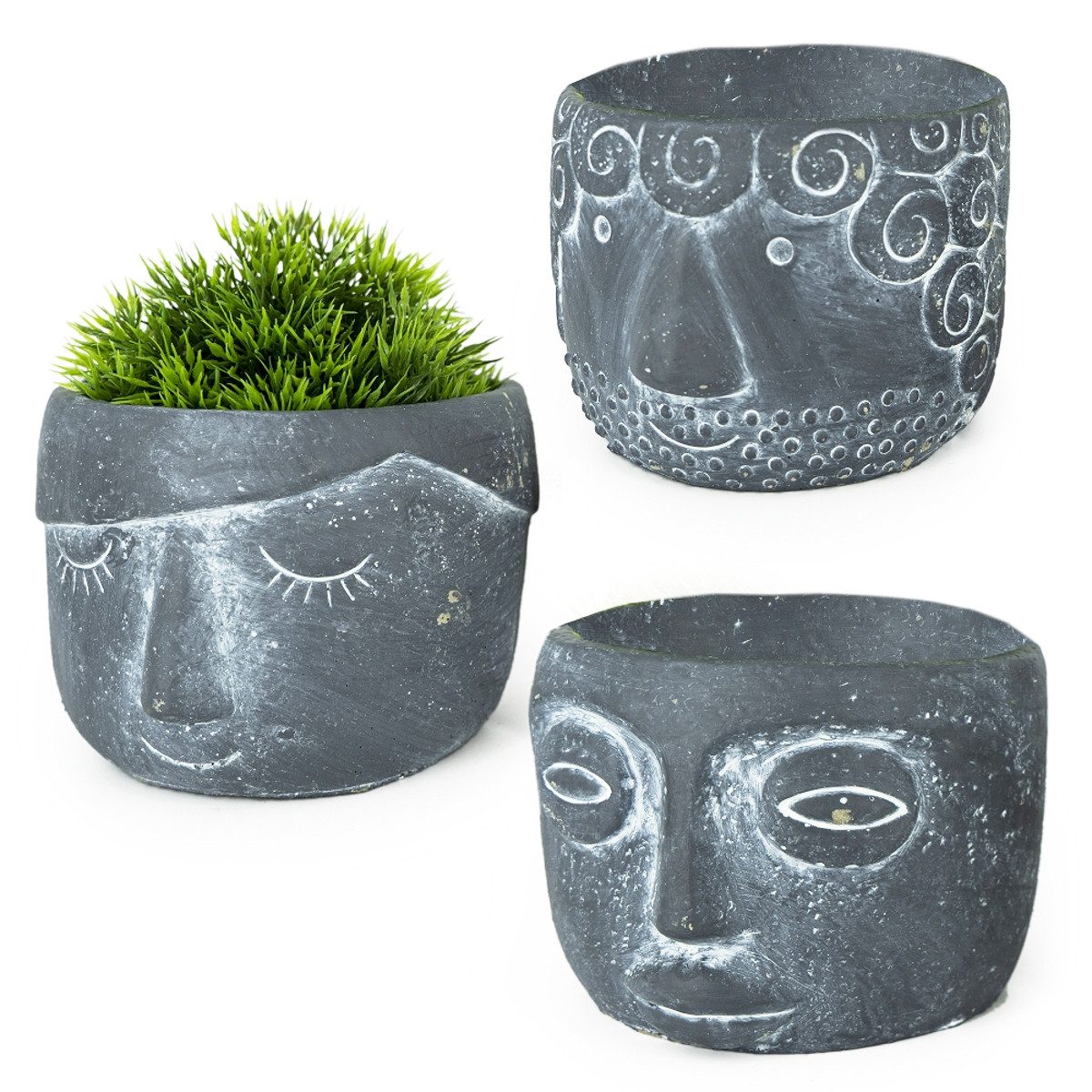 Macosa Home Blumentopf Deko Pflanztöpfe 3er Set Gesicht Zement Blumentopf rund Grau (Hellgrau oder Dunkelgrau, Pflanzgefäß Dekotopf Gefäß), modern Garten-Dekoration Blumenübertopf Pflanztopf