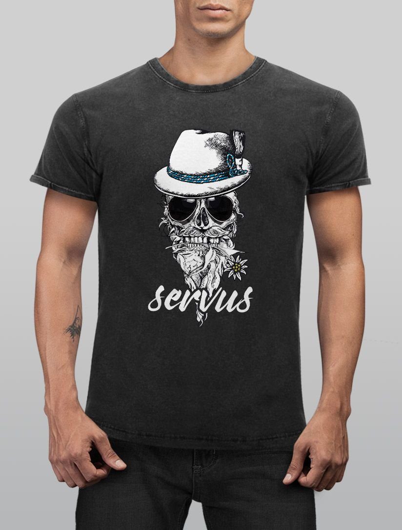 Aufdruck T-Shirt Cooles, Print Neverless® Servus schwarz Slim lustiges mit Neverless Used Fit Totenkopf Print-Shirt Skull Angesagtes Look Herren Shirt Vintage