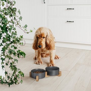 relaxdays Futterstation Hunde Napfbar Keramik mit Bambusgestell, Grau