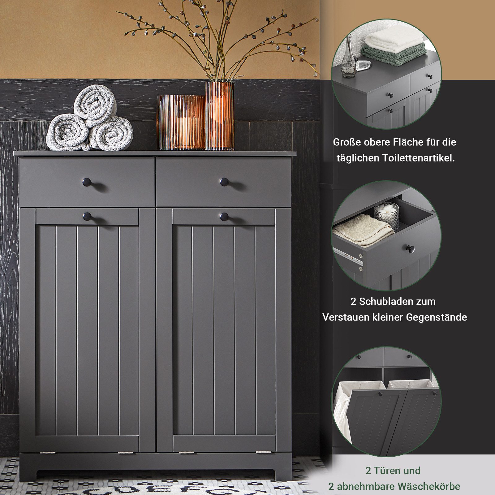 SoBuy Wäscheschrank mit 2 Wäschesäcken Wäschekorb Badschrank BZR33-SCH günstig online kaufen