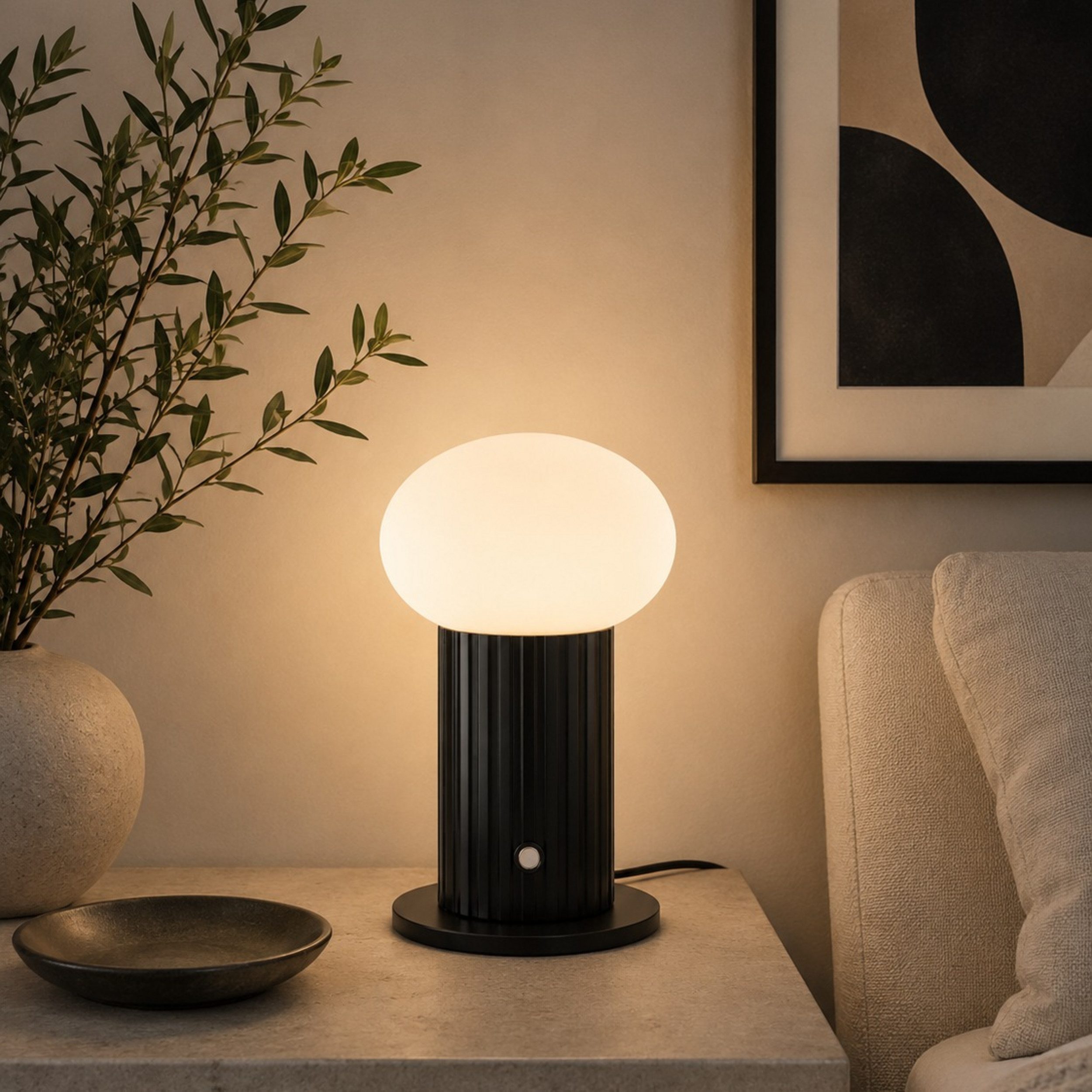 Lightbox Tischleuchte, LED fest integriert, Warmweiß, Akku-Leuchte, Ø 12 cm, 250 lm, Wireless charging o. USB, schwarz weiß