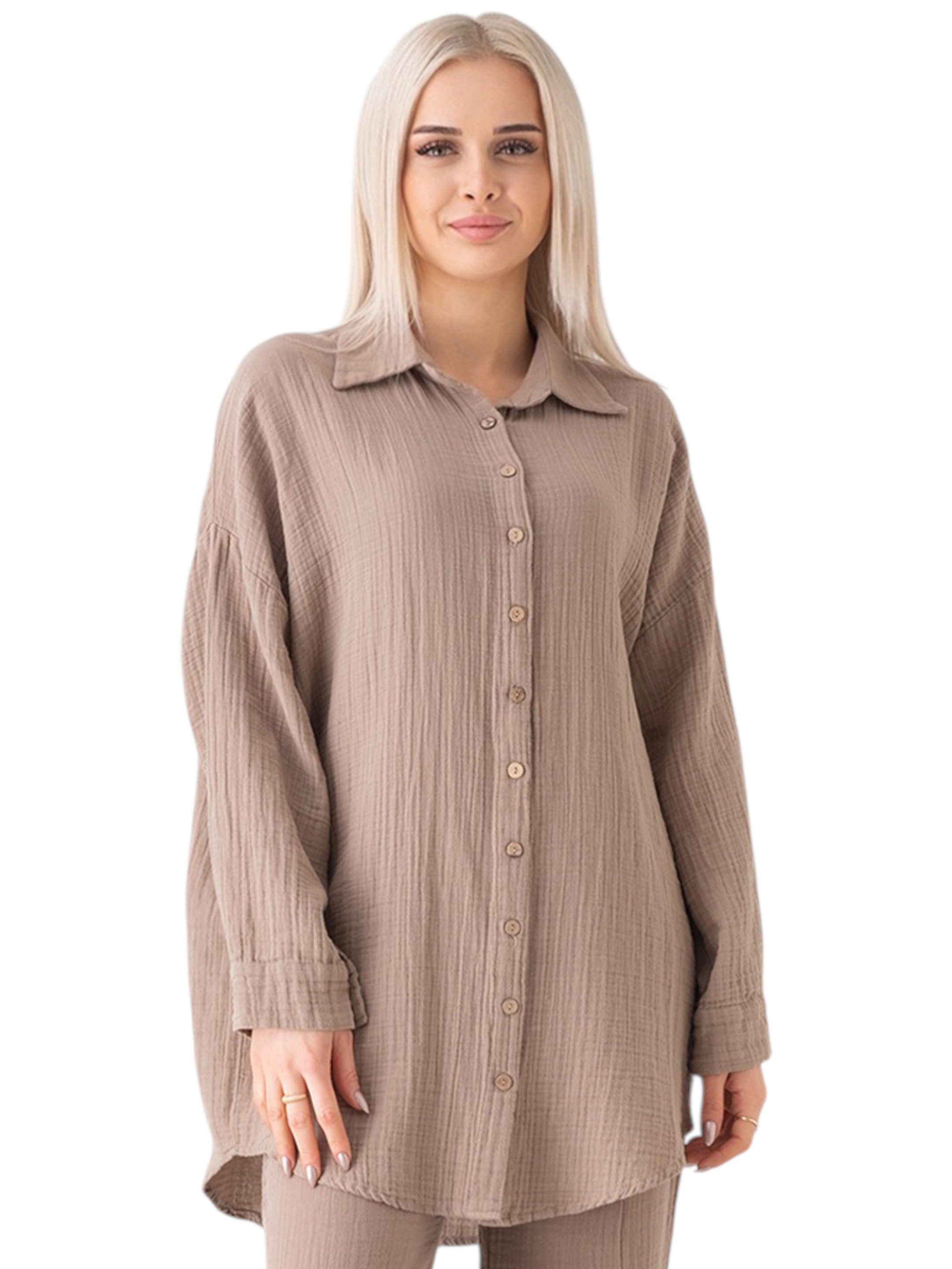 WENOR Hemdbluse Oversize Musselin Hemd 100 % Baumwolle, Kokosknöpfe, Einheitsgröße