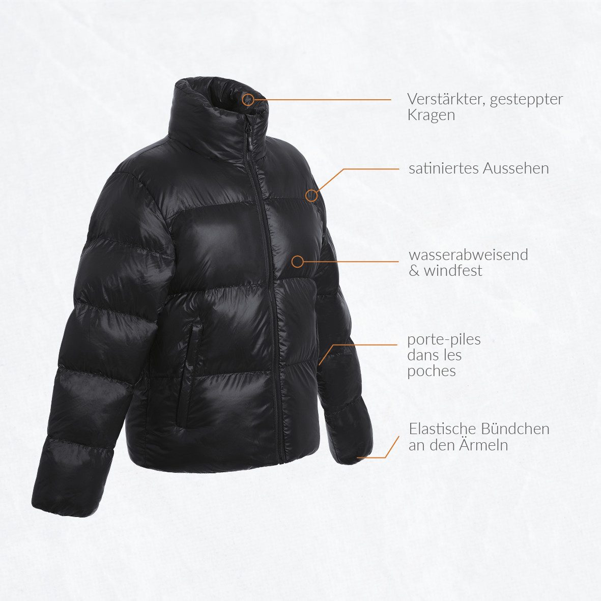30seven Winterjacke beheizte Steppjacke mit gepolstertem Kragen Slim Fit - Schwarz 7,4V Set inkl. Powerbank & Ladegerät