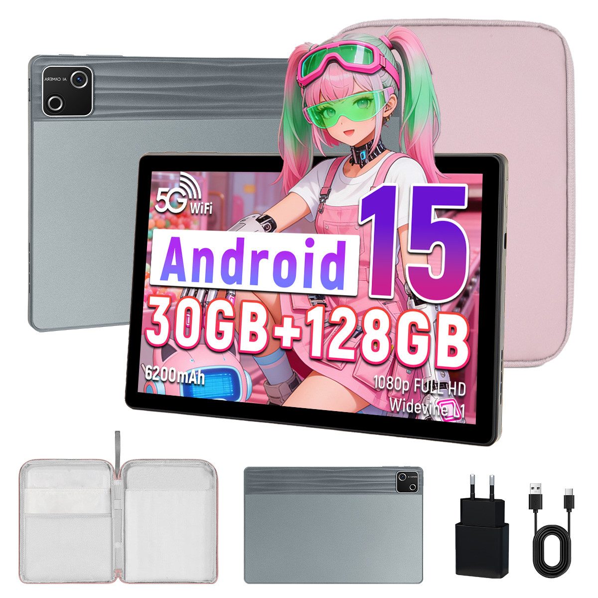 BUFO 10’’ Android 15, Octa Core 30(6+24)GB RAM+128GB, HD 1280x800, 6200mAh Tablet (10", 128 GB, Android, 2,4G/5G WiFi, 128GB bis zu 1TB, Gesichtsentsperrung, Dual Kamera)