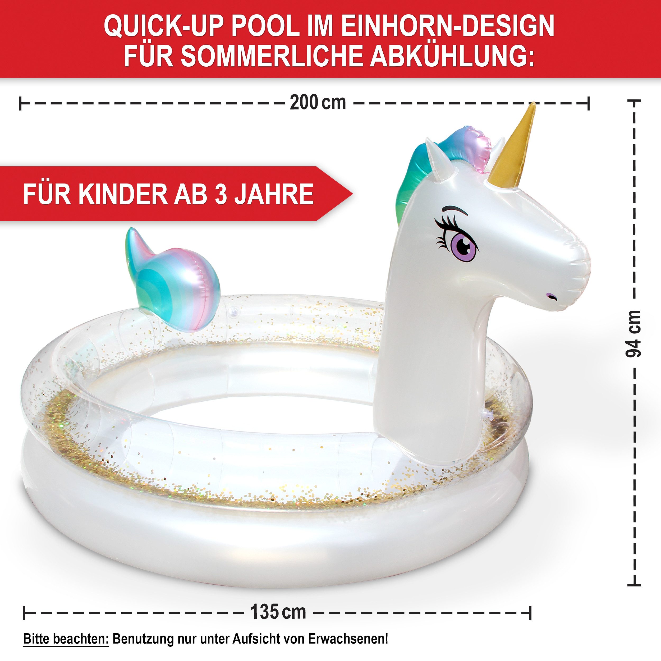 Onbest Planschbecken Einhorn aufblasbar mit Flickset, 2 Luftringe, Goldenes Glitzer, hautfreundliches PVC