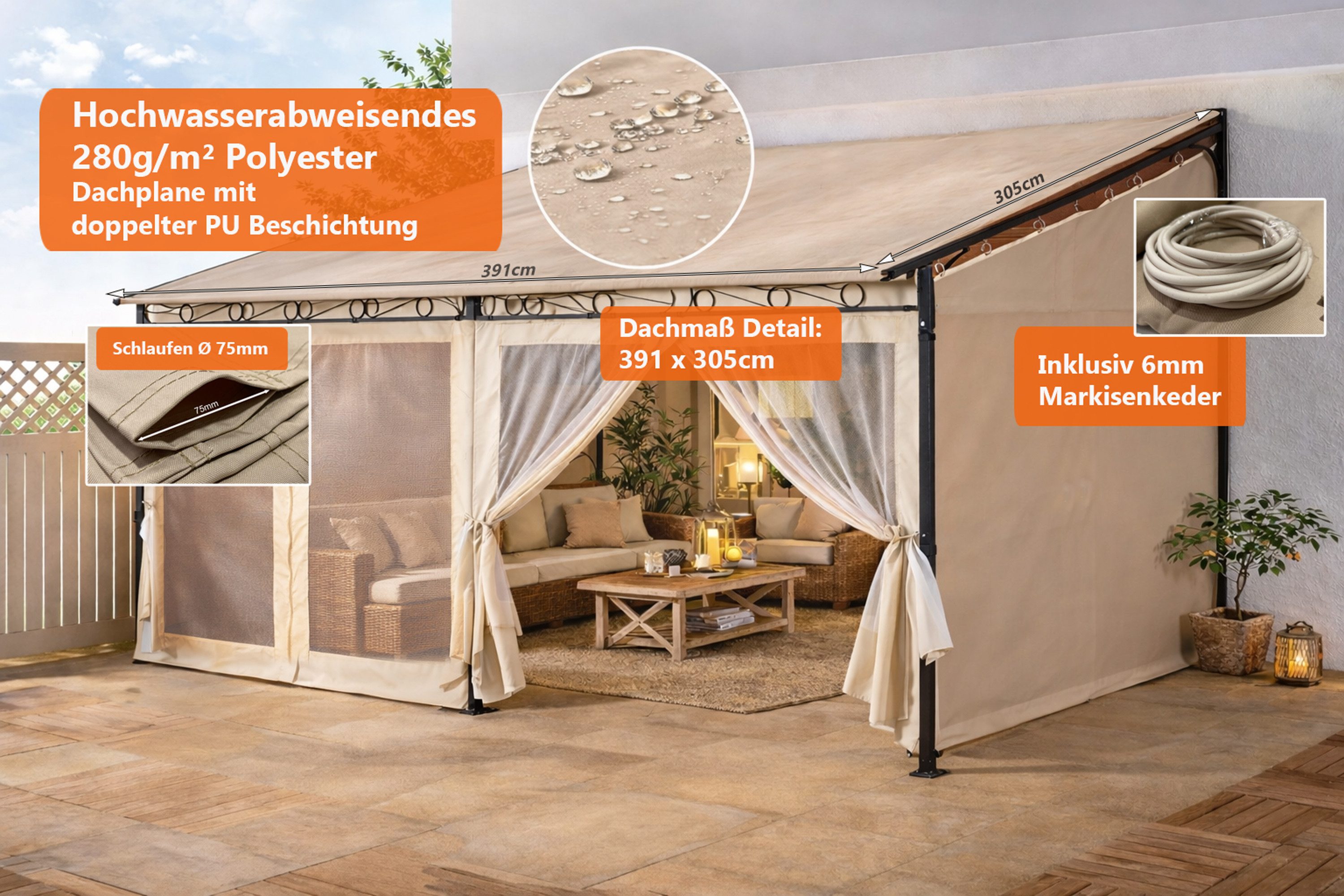 Quick Star Anbaupavillon Ersatzdach Rollpavillon 3x4m Sand, Inklusiv 6mm Kunststoffkeder.