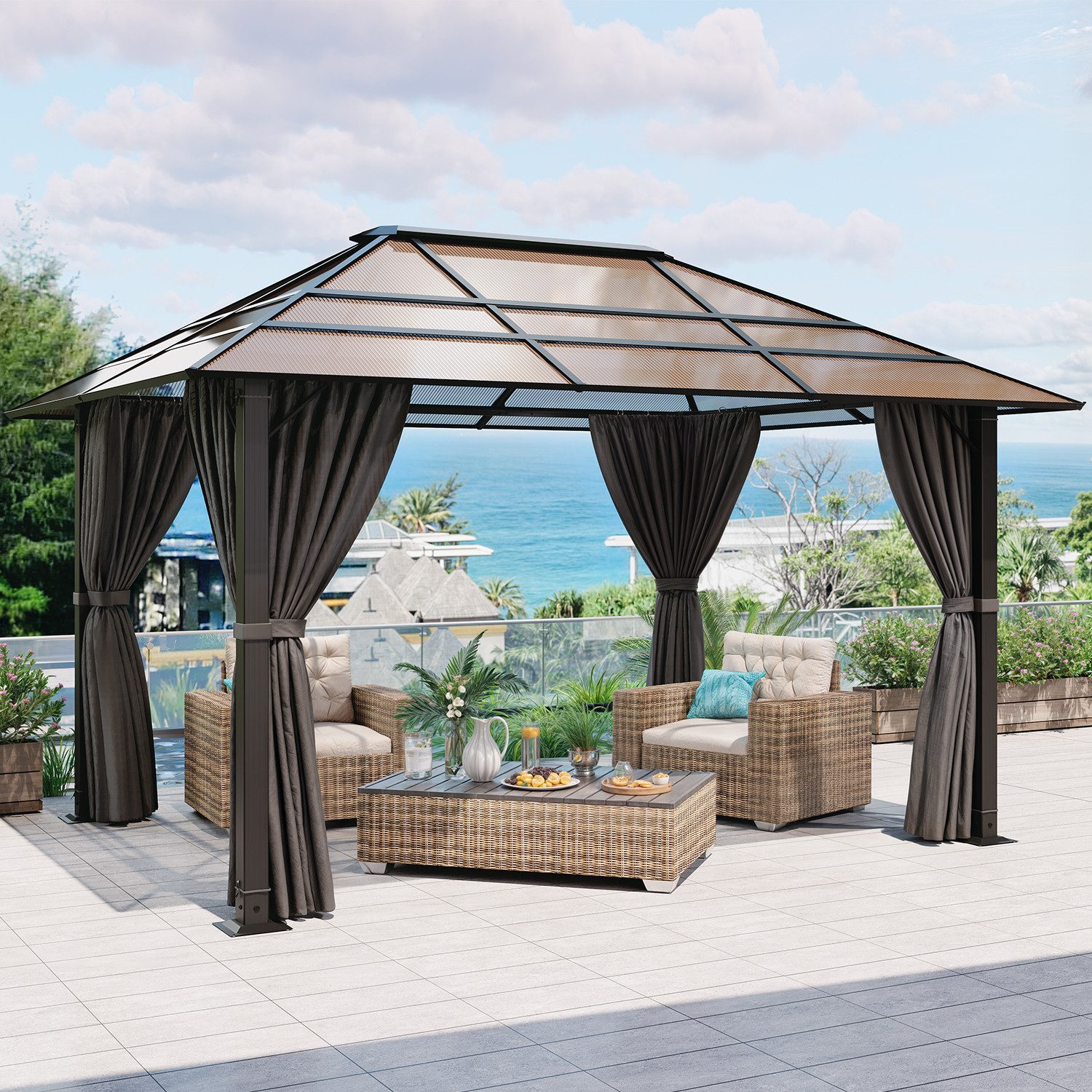 HOMALL Pavillon 3x3/3x4m Gartenpavillon Verdickter Aluminium-Pavillon, UV-Schutz, mit 4 Seitenteilen, (Mit 4 Seitenteilen 180G extra dickes Polyestergewebe Wasserdicht, rostfrei und UV-beständig), 20 Stück 6 mm Hohlkammer-PC-Platten für die oberste Schicht