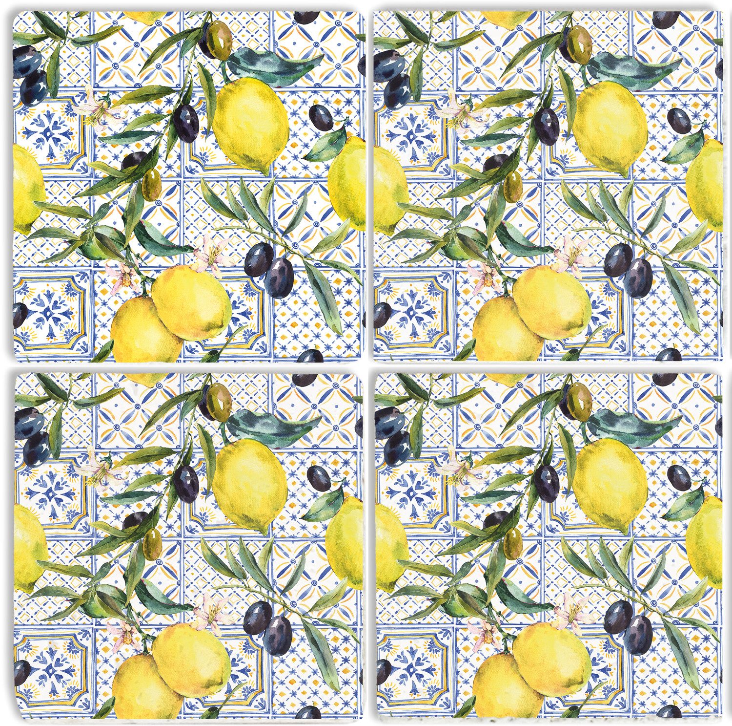 queence Getränkeuntersetzer Zitronen Motiv Fliesen Steine, Set, 4-tlg., Zitronen Set Topfuntersetzer Naturstein Untersetzer 10x10x1cm