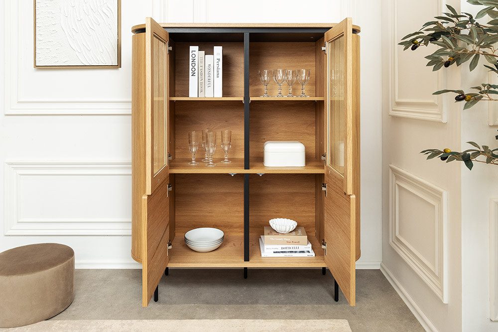riess-ambiente Highboard ATELIER 140cm natur / schwarz - Eichen-Optik, Glas-Front, sechs Fächer (Einzelartikel, 1 St), leichte Vitrine mit modernem Flair – ideal für Wohn- und Esszimmer