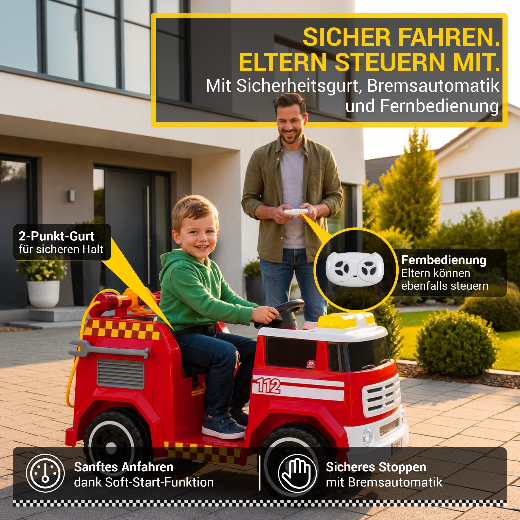 Actionbikes Motors Elektro-Kinderauto Kinder Elektro Feuerwehrauto LF112, Feuerwehrauto mit Spritzanlage, Sirene, Sprechanlage, Einsatzlicht
