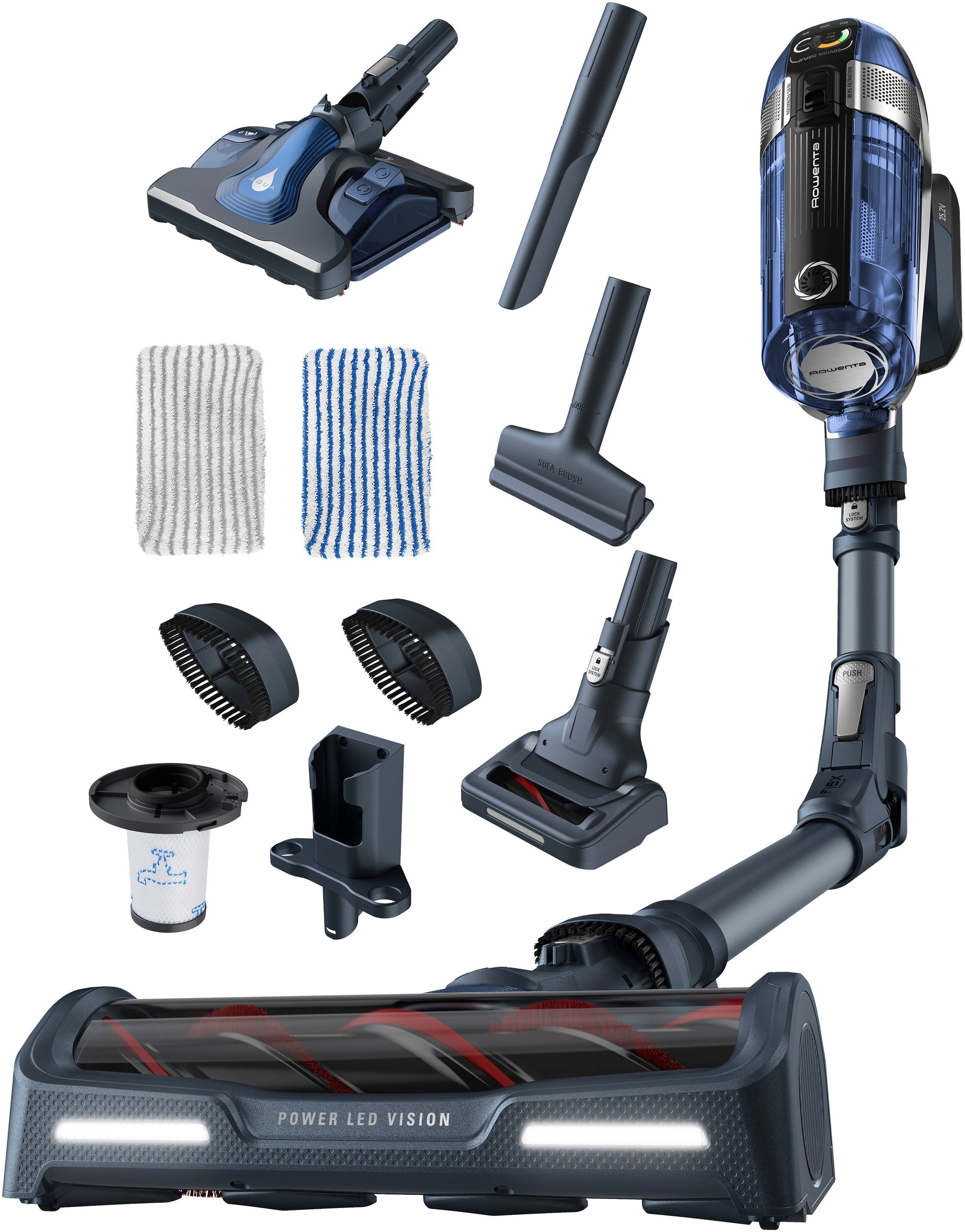 Rowenta Akku-Hand-und Stielstaubsauger X-Force Flex 11.60 AQUA, 300 W, beutel-/kabellos, mit Aqua Mop, 300 W, beutellos, LED-Düse, 45 Min. Laufzeit, Display mit Kontrollanzeige, RH9898