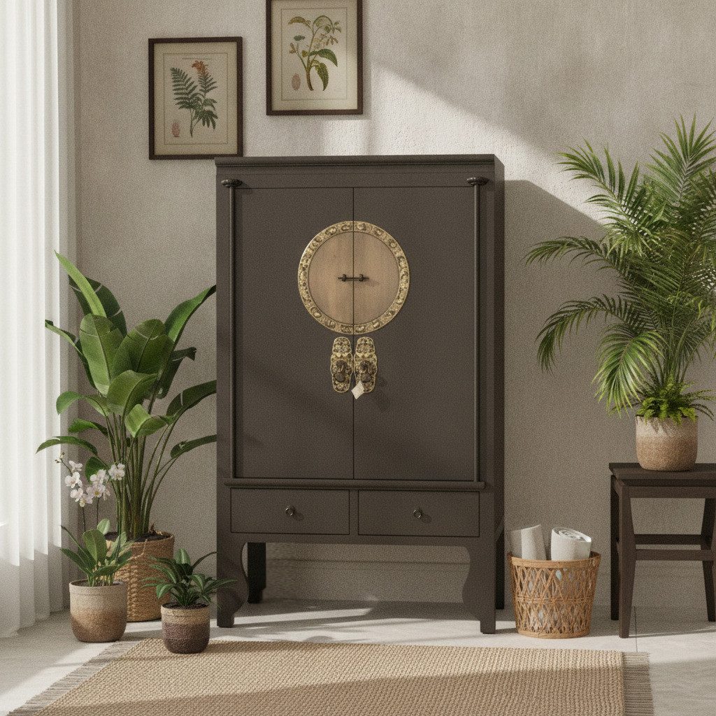 OPIUM OUTLET Kleiderschrank Chinesischer Hochzeitsschrank im Vintage-Stil (Breite x Tiefe x Höhe 105 x 55 x 175 cm, orientalischer Schrank Kommode, Asia Möbel komplett montiert Holz Landhaus-Stil shabby-chic) asiatisch