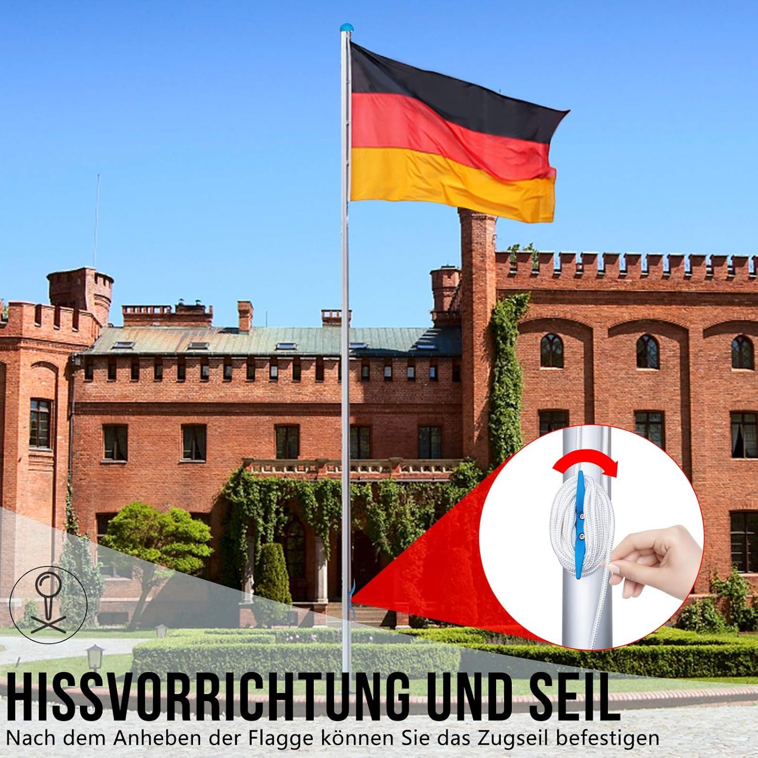 FIVMEN Fahnenmast Aluminium Fahnenmast 6,5m Stabil Bodenhülse 50cm, Deutschlandfahne Teleskop Flaggenmast