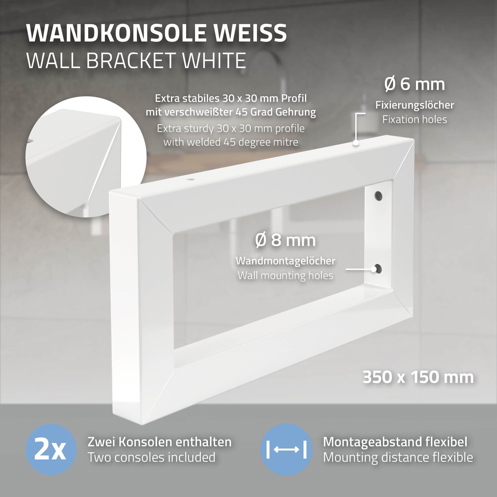 Set Weiß Unterbau Wandkonsole 350x150mm 2er Waschtisch Waschtischhalterung für ML-DESIGN Wandhalterung Waschbeckenschrank Stahl