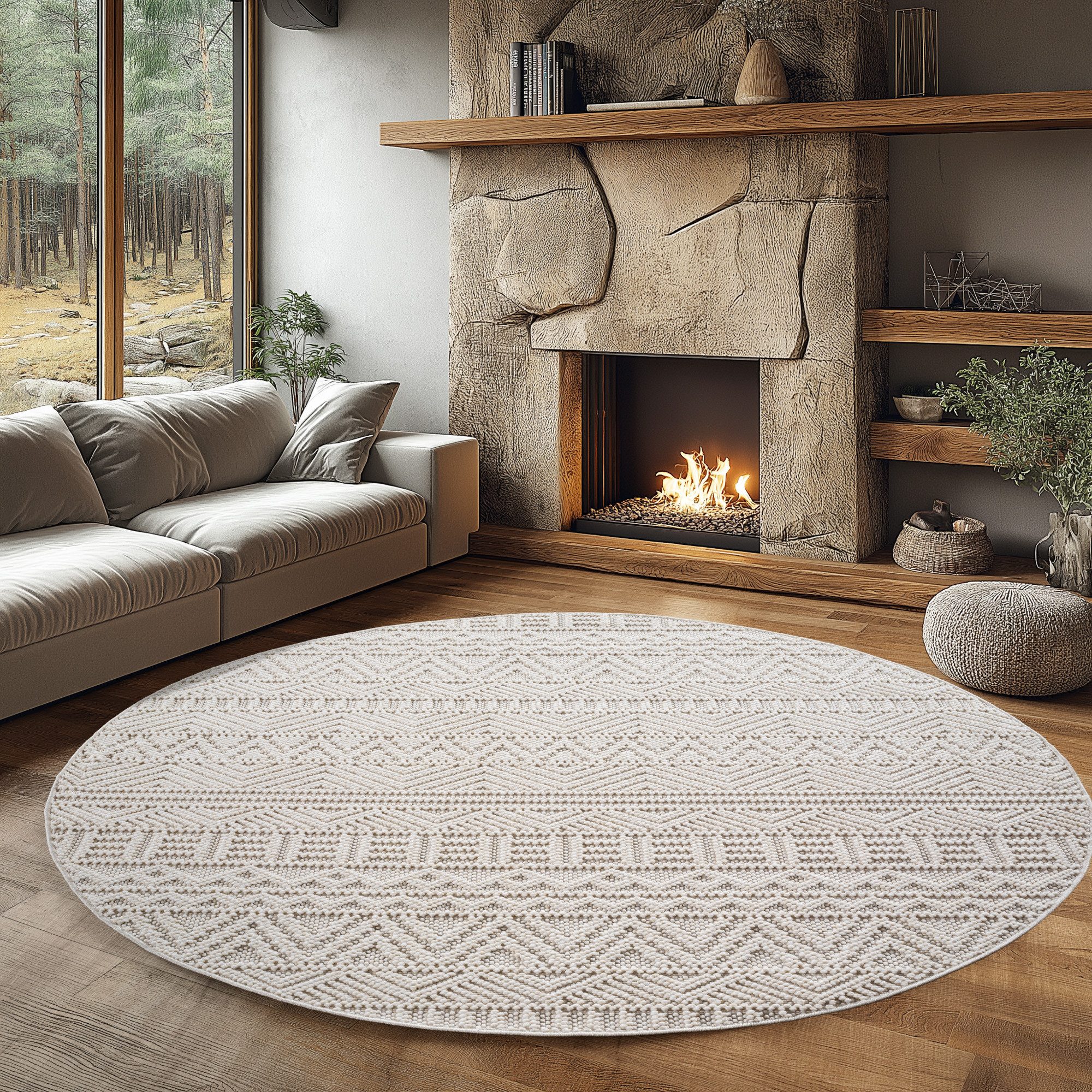 Ayyildiz Teppiche Teppich HELIX 2202, auch als Läufer und Rund erhältlich, rund, Höhe: 7 mm, 3D-Effekt durch Cut-Loop-Webtechnik, Woll-Optik, Bouclé, Wohnzimmer