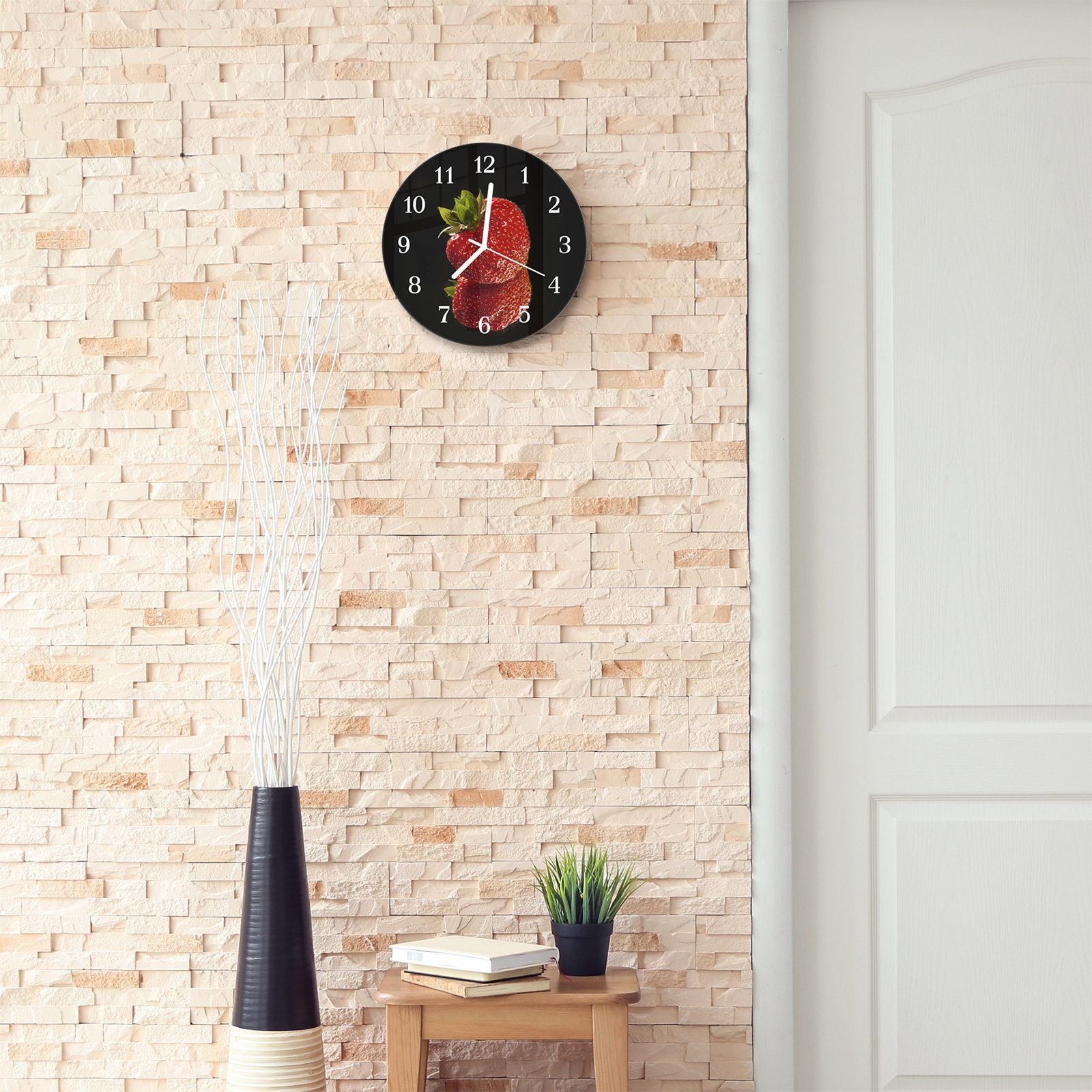 Glas aus Erdbeere und cm Rund Durchmesser mit Wanduhr mit - sich Wanduhr Quarzuhrwerk Motiv 30 Primedeco spiegelt