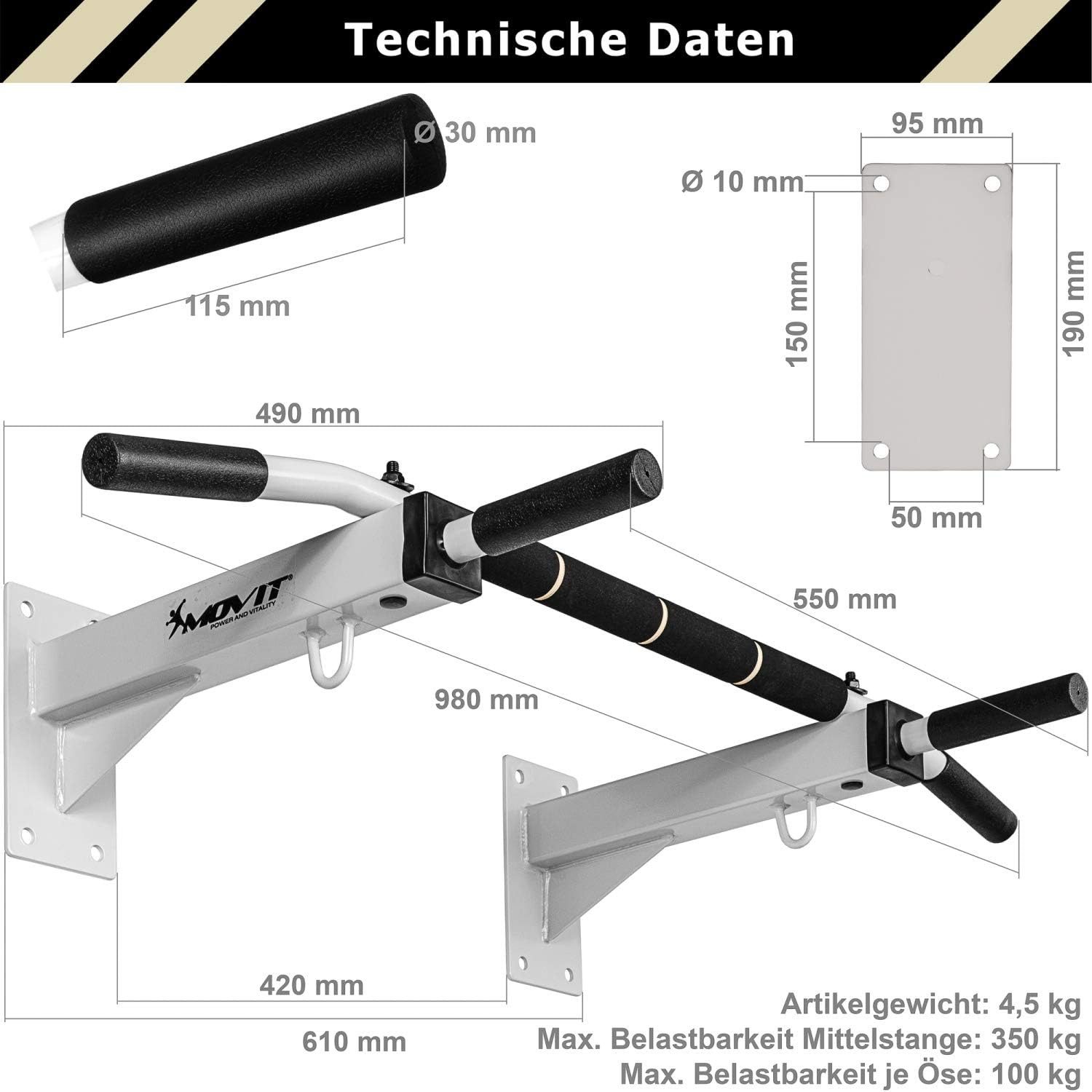 MOVIT Klimmzugstange Klimmzugstange zur Wandmontage (1-tlg) – Bild 5 von 5
