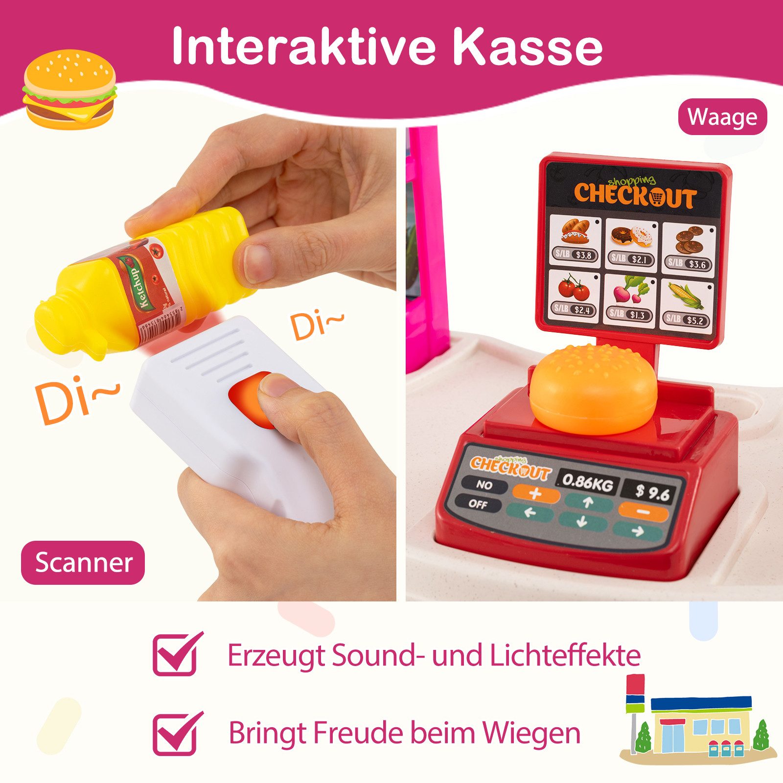 COSTWAY Kaufladen, Spielzeug Supermarkt mit Einkaufswagen, Waage & Scanner