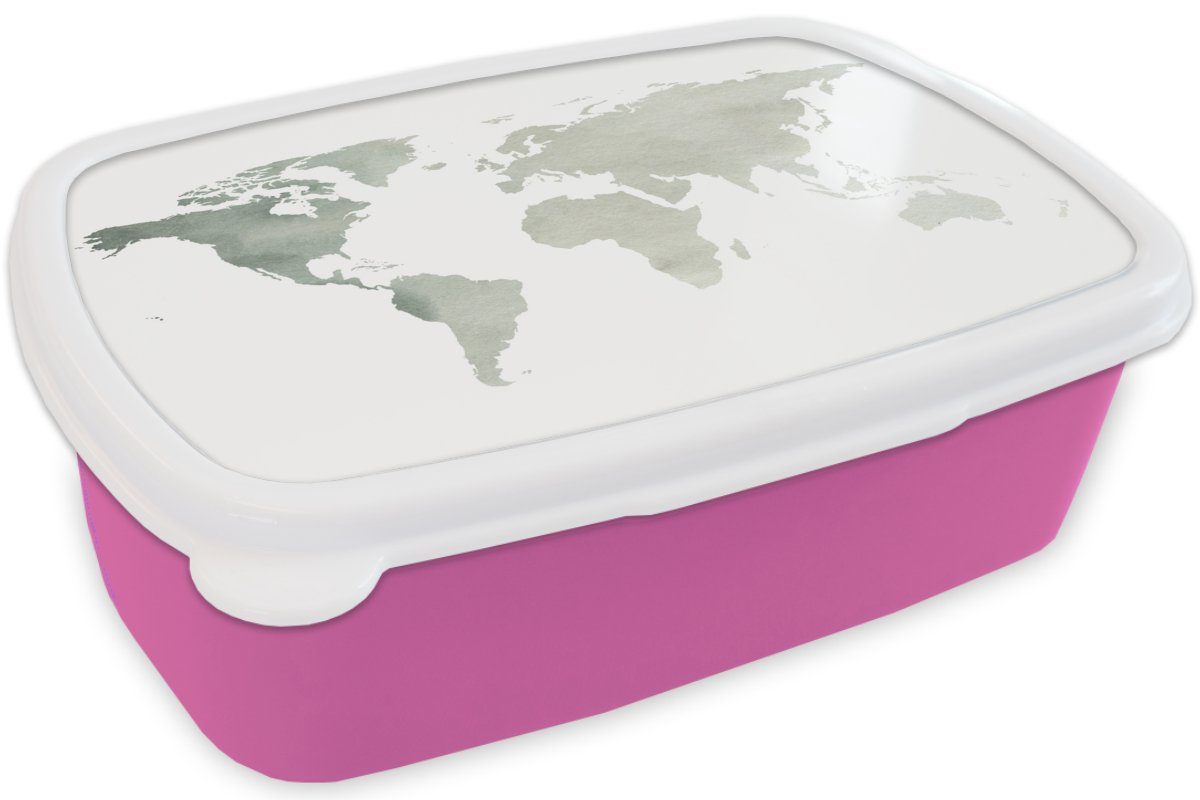 MuchoWow Lunchbox Weltkarte - Grau (2-tlg), Brotdose rosa - Brotbox Kunststoff, Kinder, Erwachsene, Weiß, für Kunststoff Snackbox, Mädchen