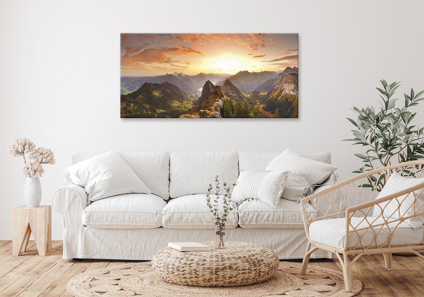 Levandeo® Leinwandbild, XXL Leinwandbild 115x55cm Berge Sonnenuntergang Bil günstig online kaufen