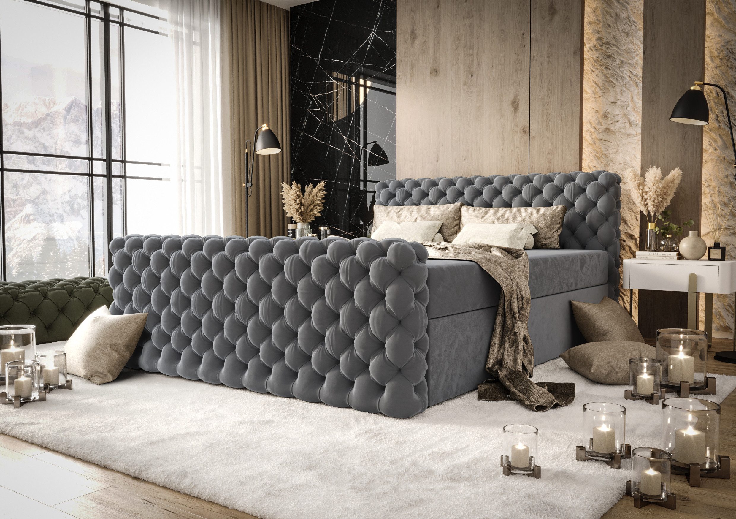 B&B Home Boxspringbett Boxbett Figo IV (inkl zwei Bettkästen, Multipocket-Matratze und Topper, Chesterfield)