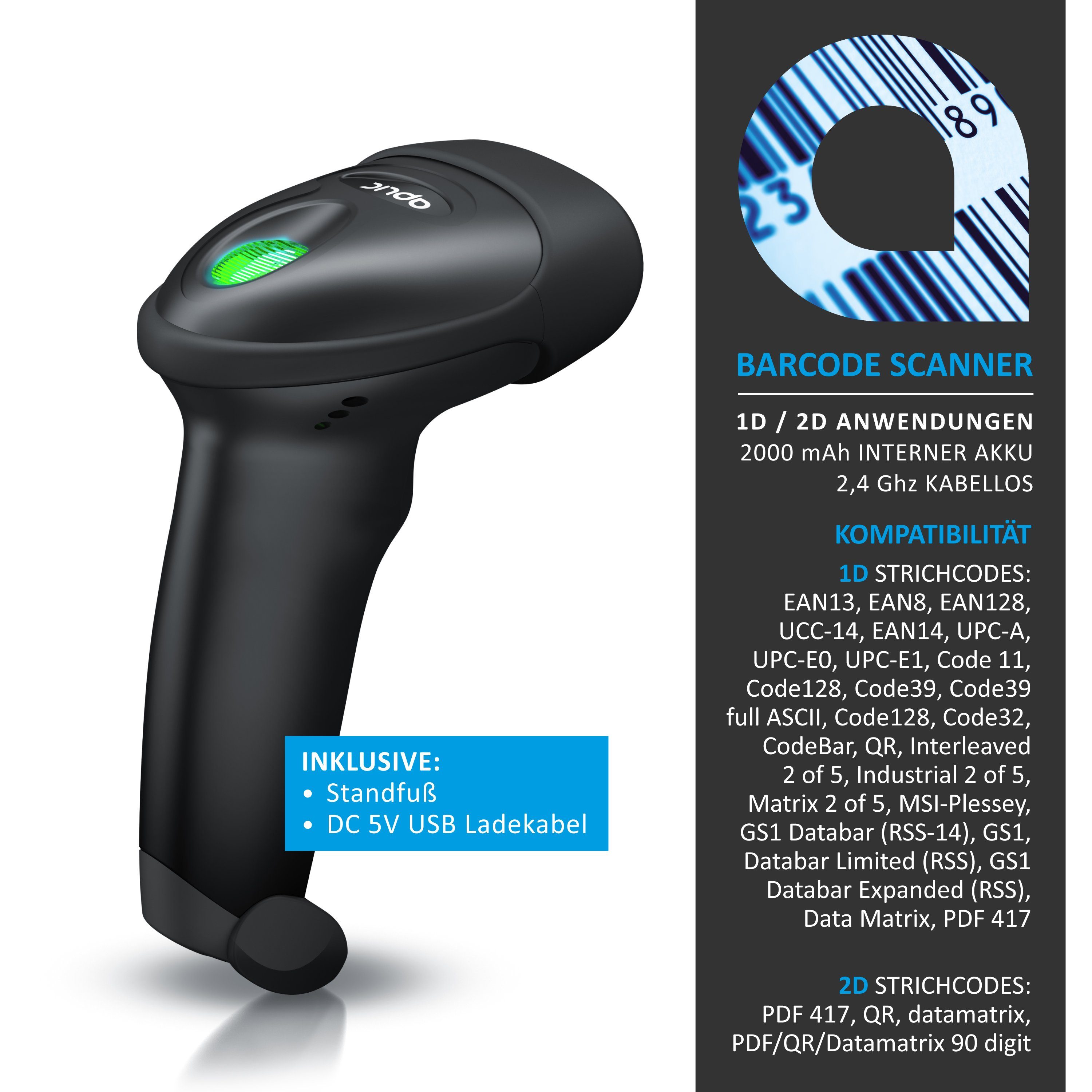 Aplic Handscanner, (Wireless Barcode Scanner 2.4 GHz 1D 2D, 2000 mAh, inkl. Standfuß)