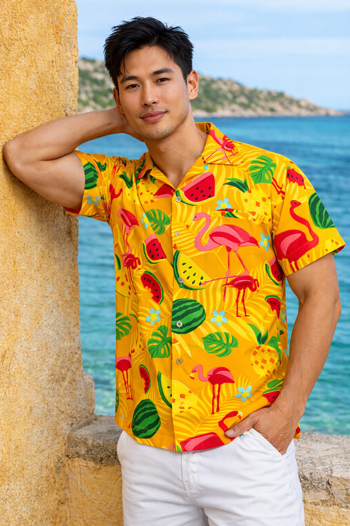 King Kameha Hawaiihemd Flamingo Melone Funky Hawaii-Hemd Herren Kurzarm Front-Tasche Stylish