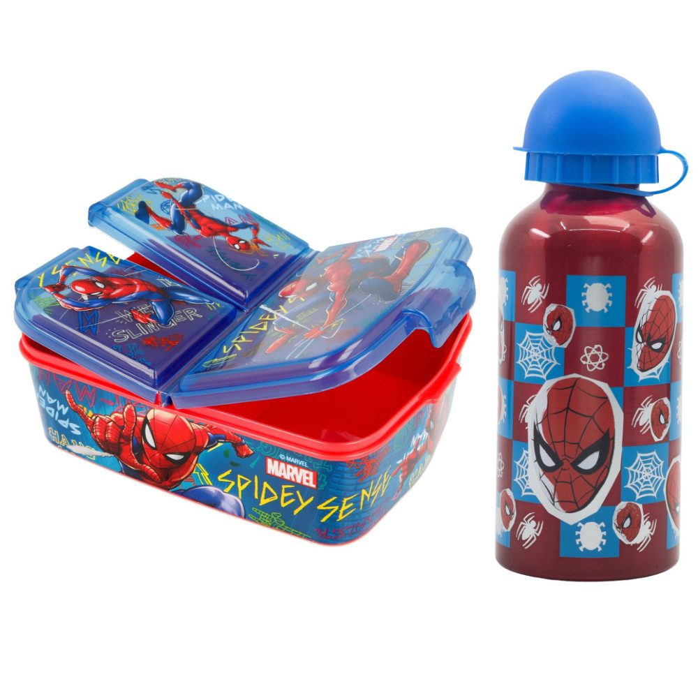 MARVEL Lunchbox Marvel Spiderman 2 tlg Kinder Set 3 Kammern Brotdose Alu Trinkflasche, (2-tlg)