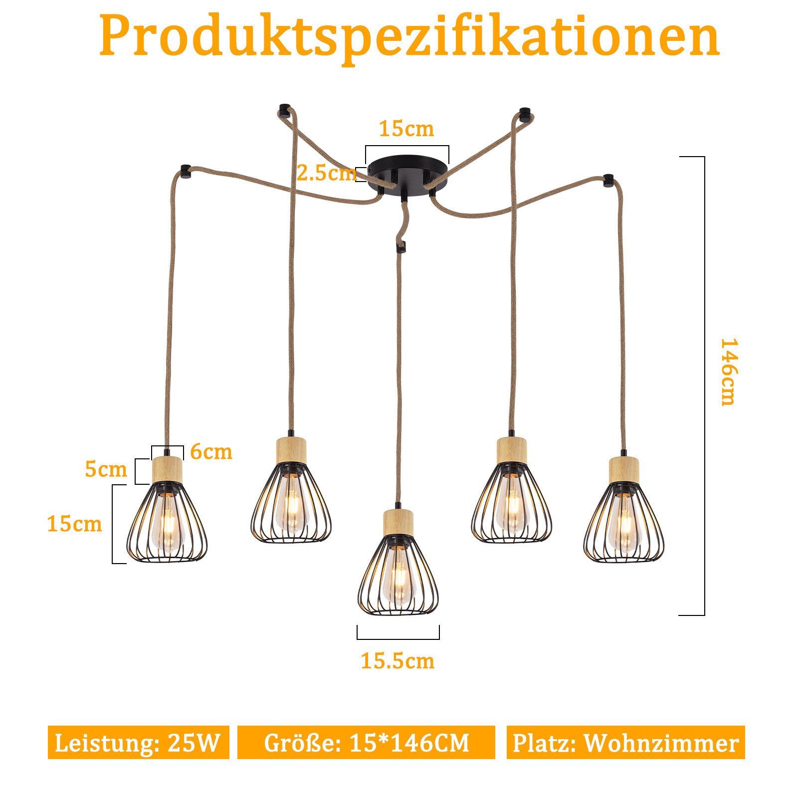 ZMH Pendelleuchte Esszimmer Schwarz Retro Hanfseil aus Holz E27 Hängelampe Treppenhaus, ohne Leuchtmittel
