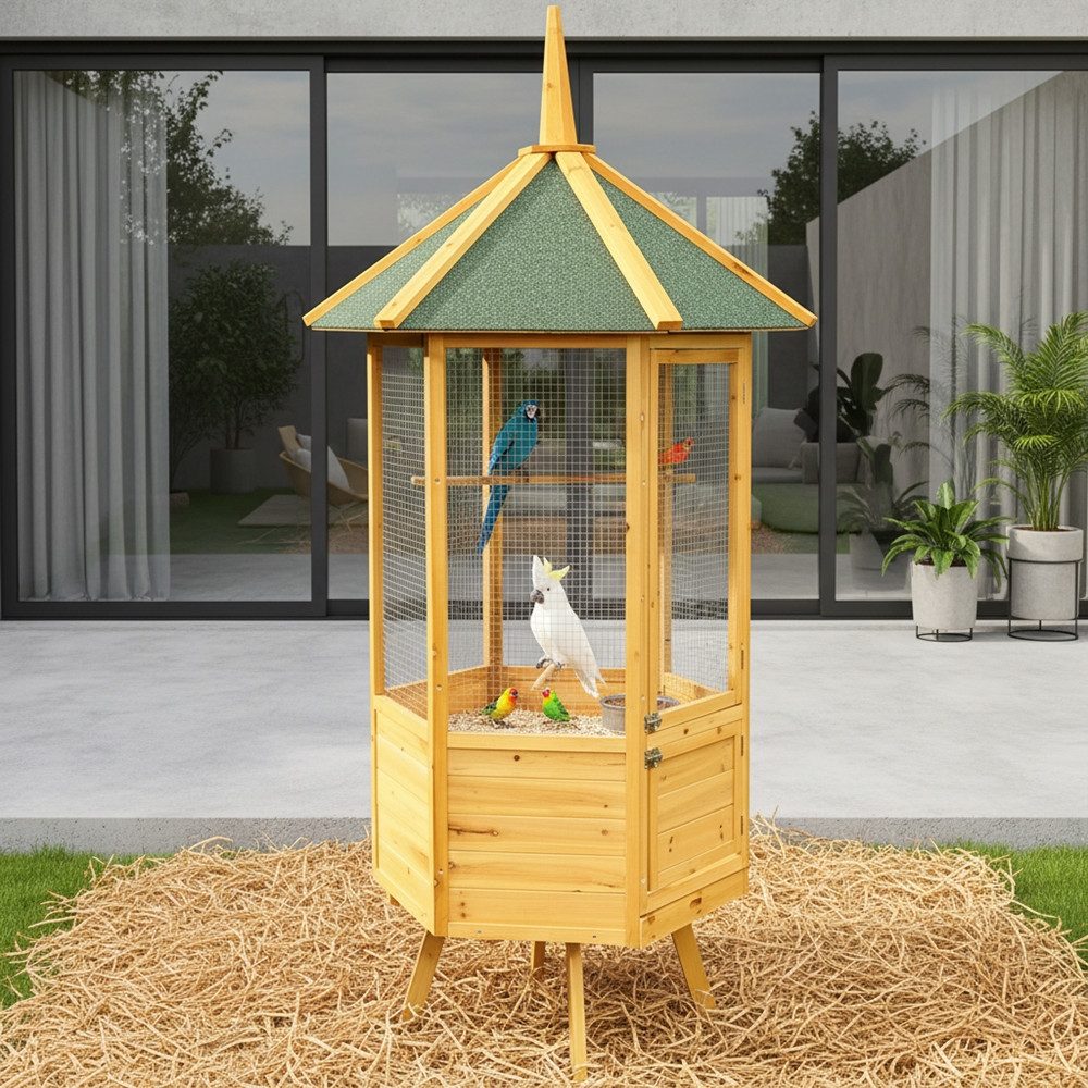 Feel2Home Vogelhaus Vogelvoliere Voliere Vogelkäfig XXL 6-Eck Vogelhaus Vogel Käfig Haus, herausziehbare Bodenschubladen