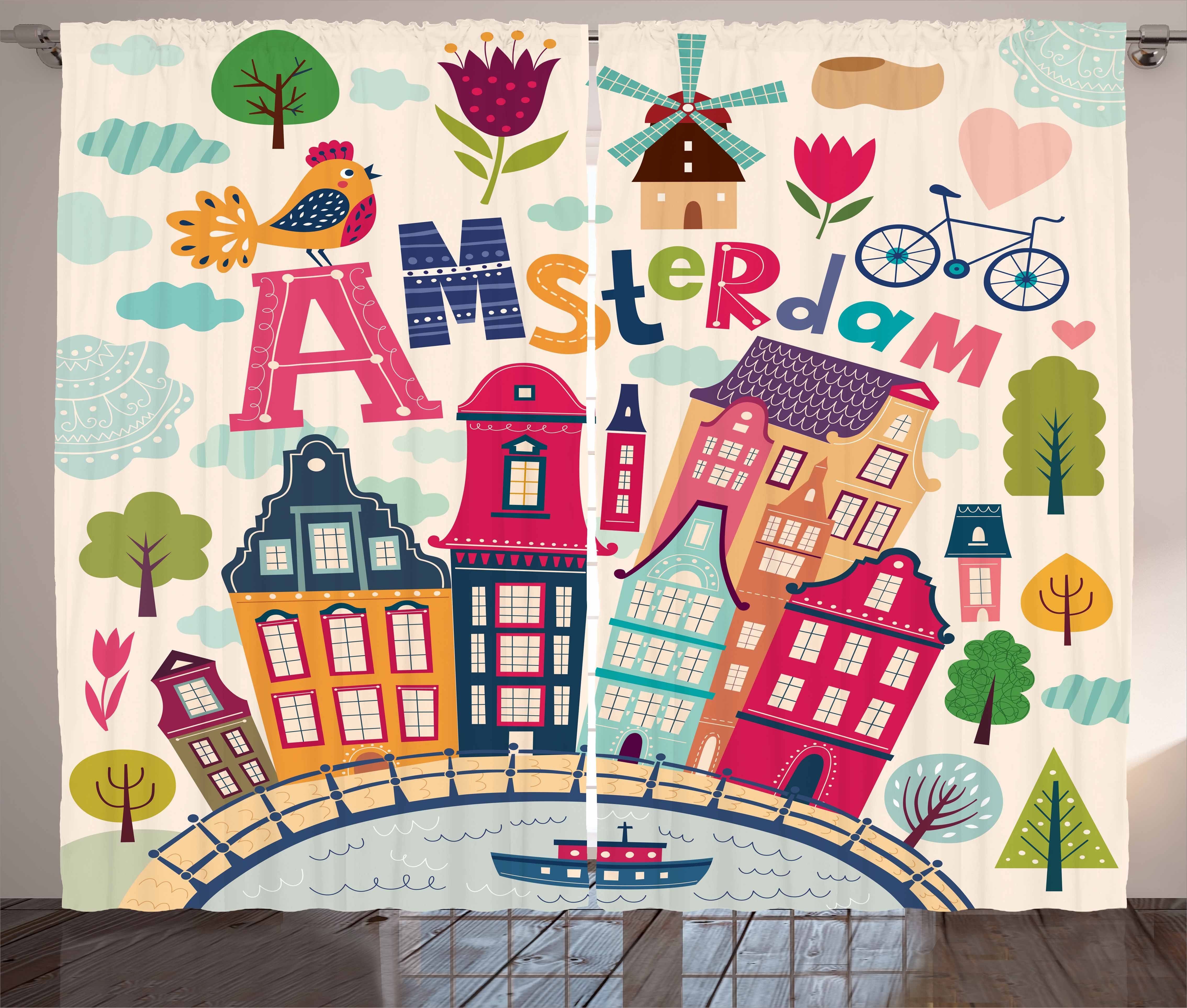 Häuser Schlaufen mit Vorhang Haken, Niederländisch Gardine Amsterdam Schlafzimmer Kräuselband und Cartoon Abakuhaus,