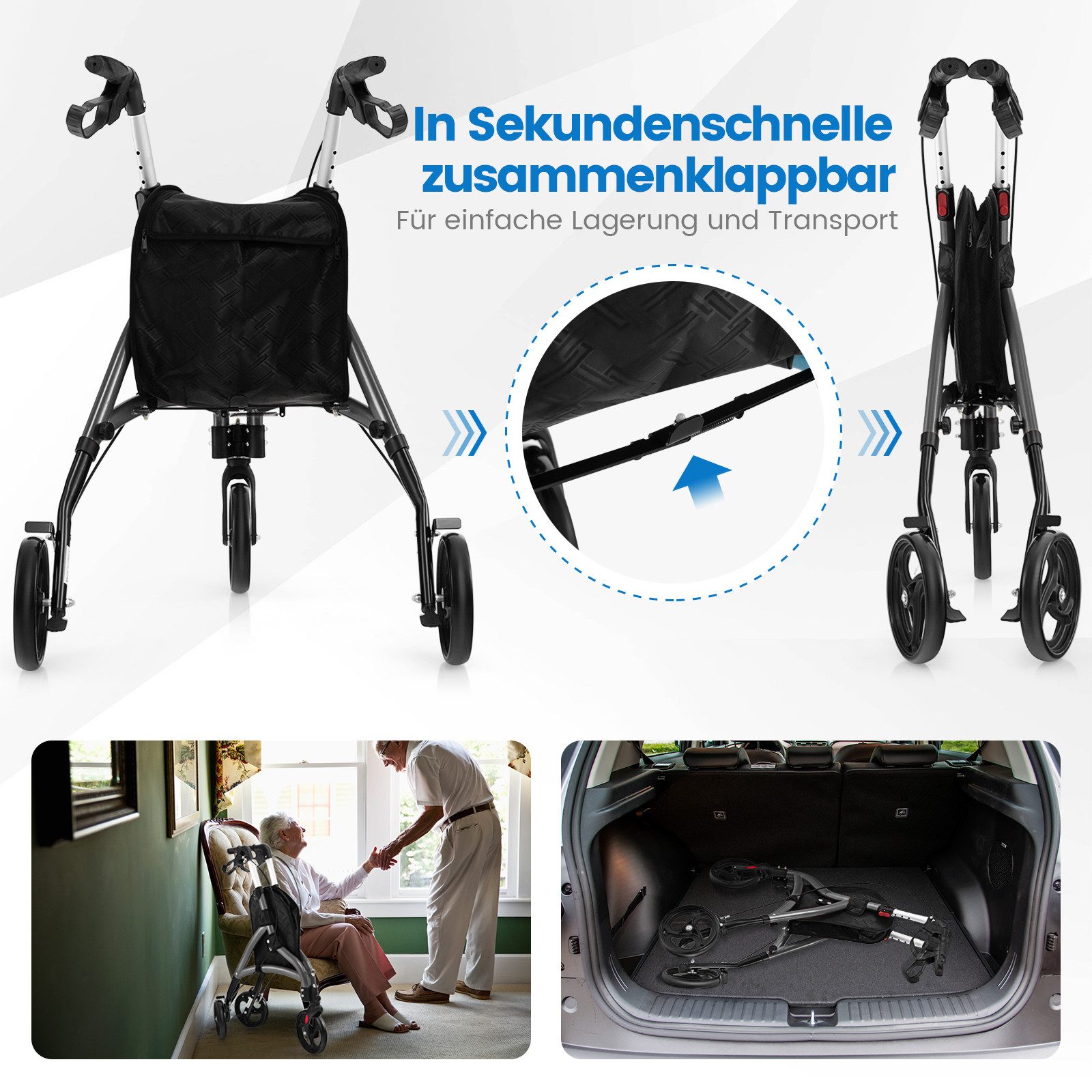 COSTWAY Rollator, Leicht und faltbar, mit großen Rädern, bis 150 kg