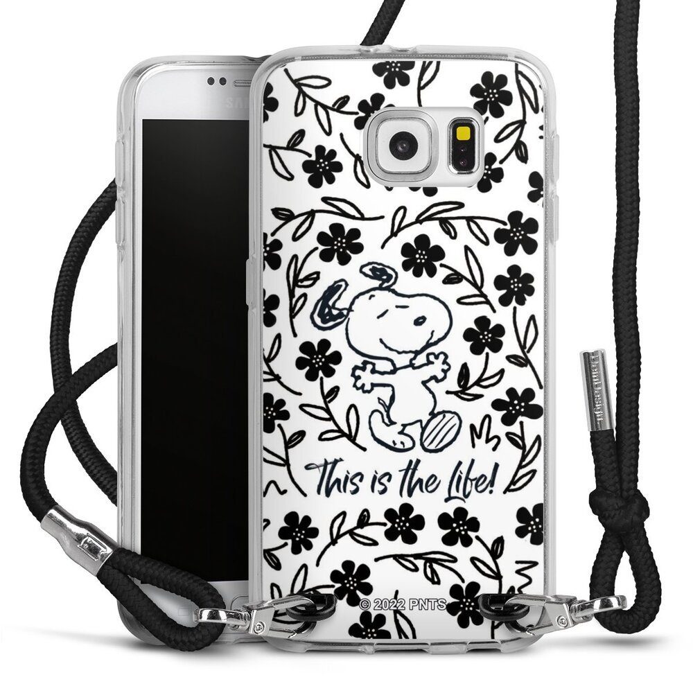 DeinDesign Handyhülle Peanuts Blumen Snoopy Snoopy Black and White This Is The Life, Samsung Galaxy S6 Handykette Hülle mit Band Case zum Umhängen