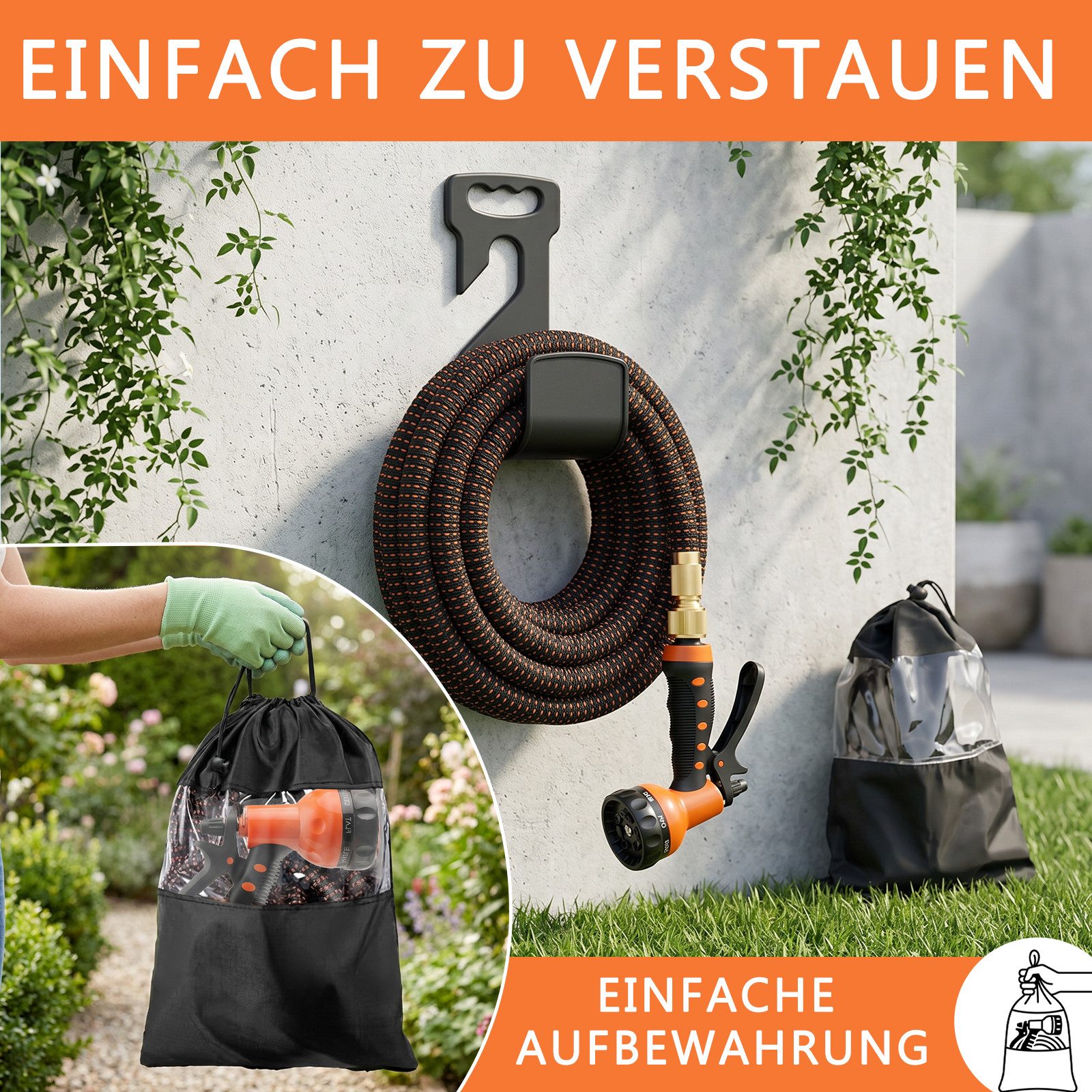 PFCTART Gartenschlauch Flexibler Gartenschlauch mit Sprühdüse, ausziehbar bis 22,5 m, Robuste 4-Lagen-Konstruktion, 8-fach Sprühdüse, Knickfrei & auslaufsicher, – Bild 4 von 5