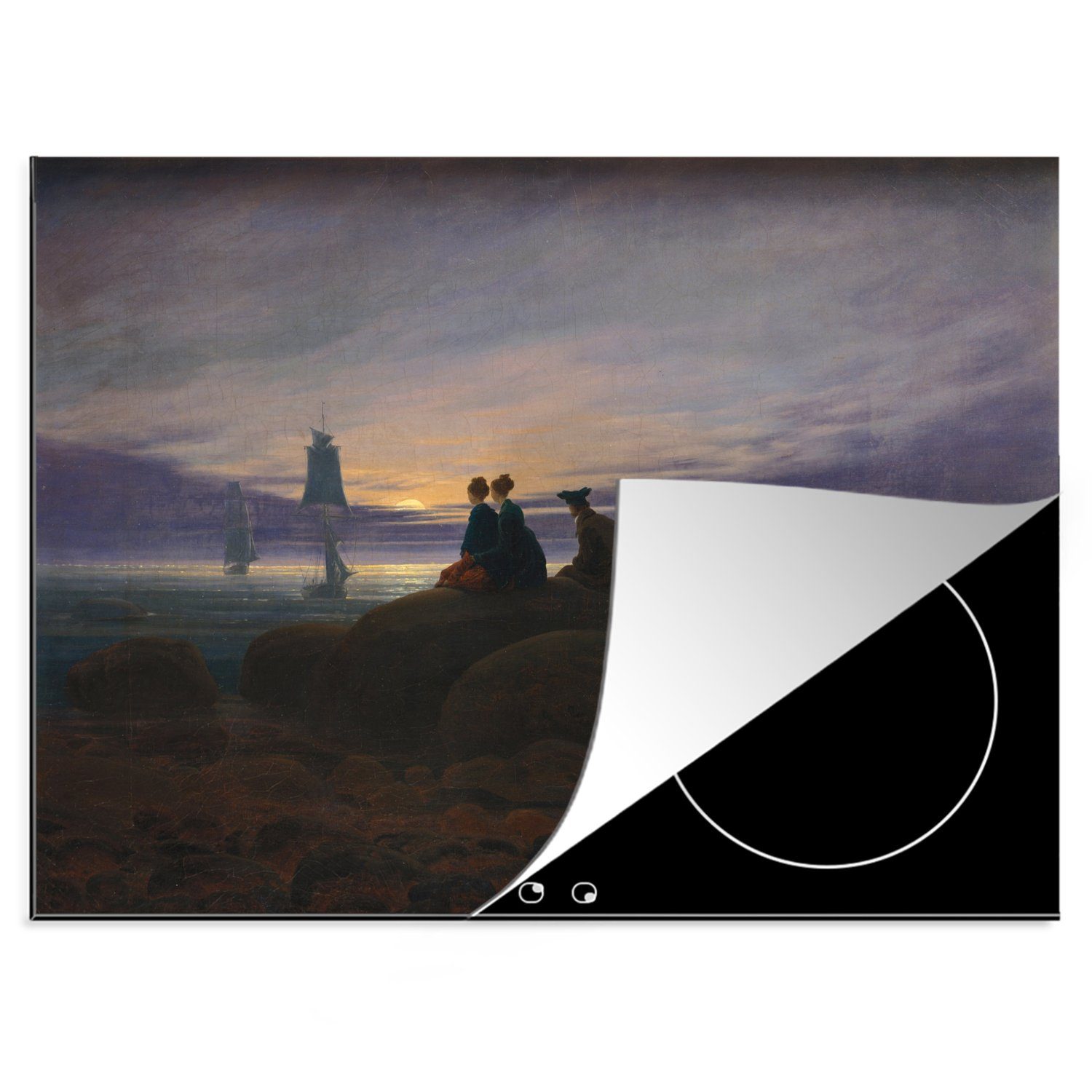 MuchoWow Herdblende-/Abdeckplatte Aufgang des Mondes über dem Meer - Gemälde von Caspar David Friedrich, Vinyl, (1 tlg), 70x52 cm, Mobile Arbeitsfläche nutzbar, Ceranfeldabdeckung