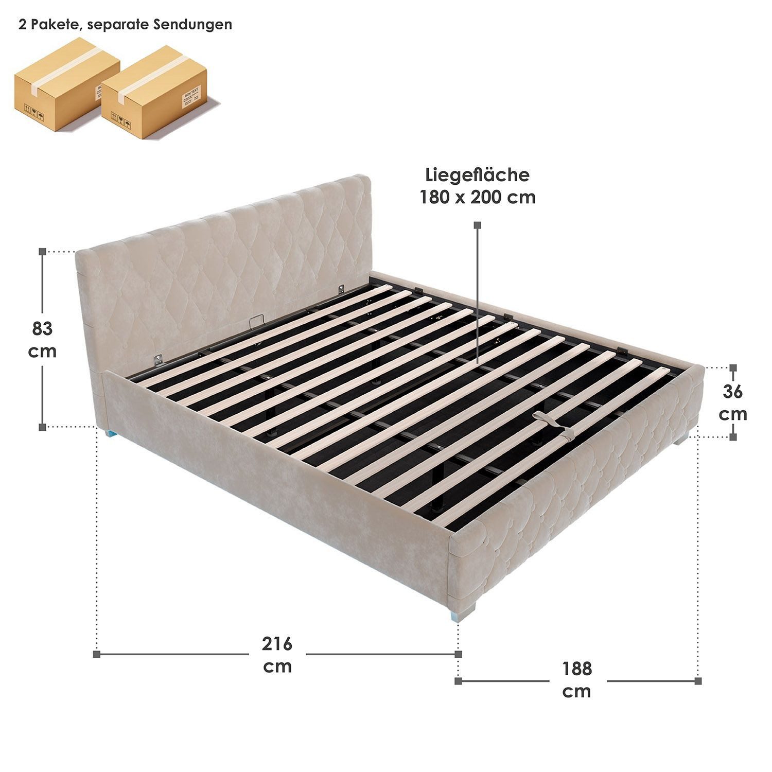 Juskys Polsterbett Nizza, Stauraum, LED Licht, Chesterfield Steppung, Samtbezug