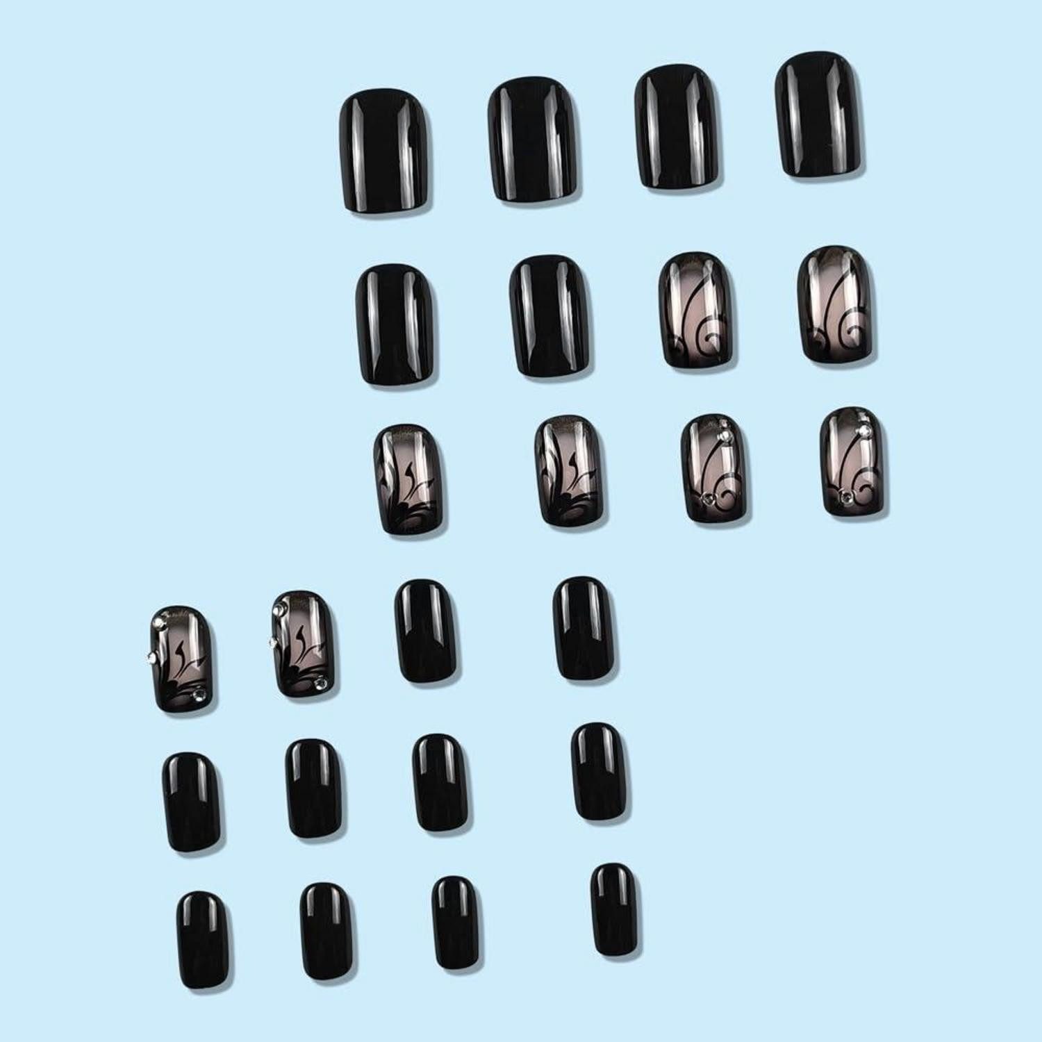 LuxusKollektion Kunstfingernägel 24 Stück Schwarz Schmetterling Muster Glossy Fake Nägel