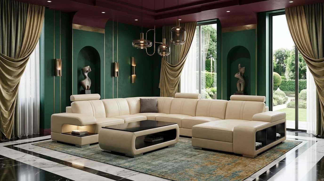 JVmoebel Ecksofa Beige Wohnlandschaft Sofa U-Form mit Couchtisch Set, 2 Teile, Ecksofa mit Couchtisch, Eckcouch