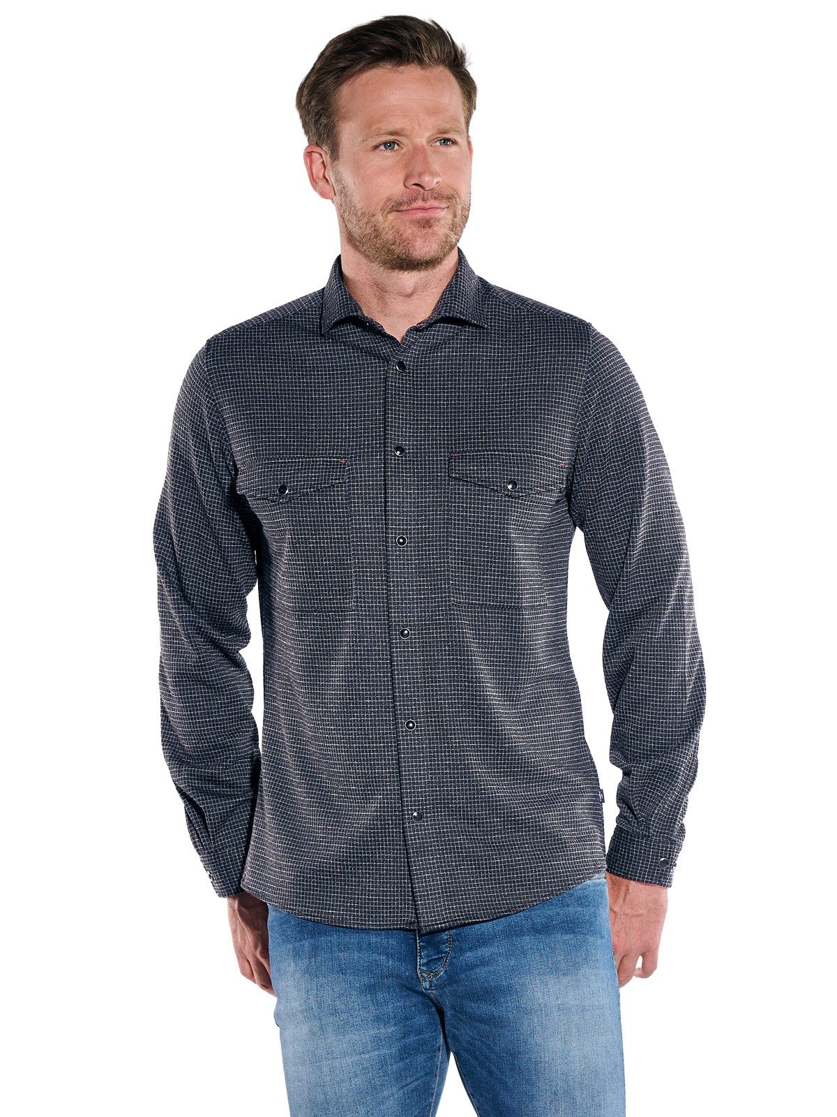 Engbers Langarmhemd Herren Overshirt mit Druckknöpfen, Schwarz