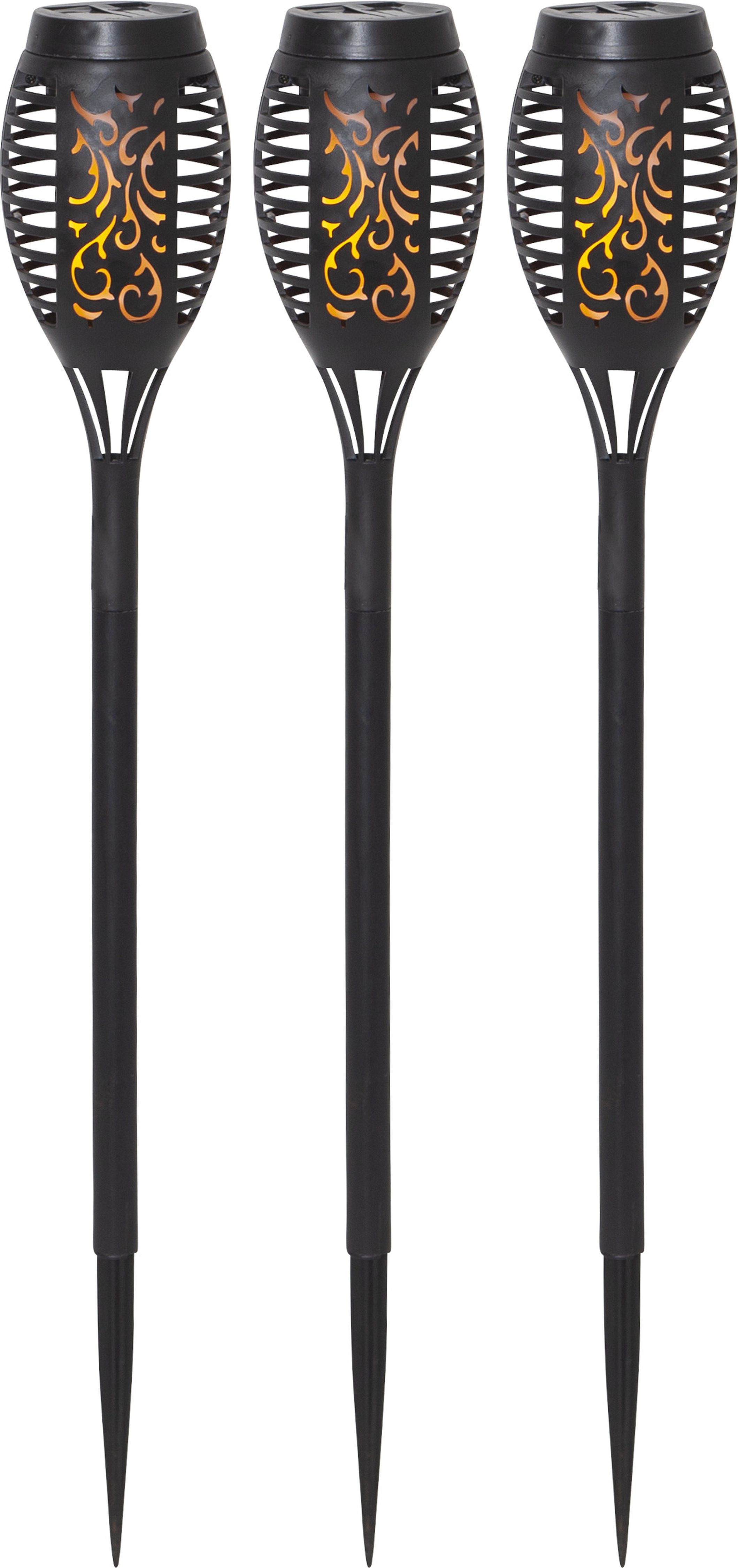 STAR TRADING LED Solarleuchte Solar-Wegleuchte Flame Mini, Tageslichtsensor, LED fest integriert, Extra-Warmweiß, 3er-Set, Flammeneffekt, Dämmerungssensor, Mini-Fackelform