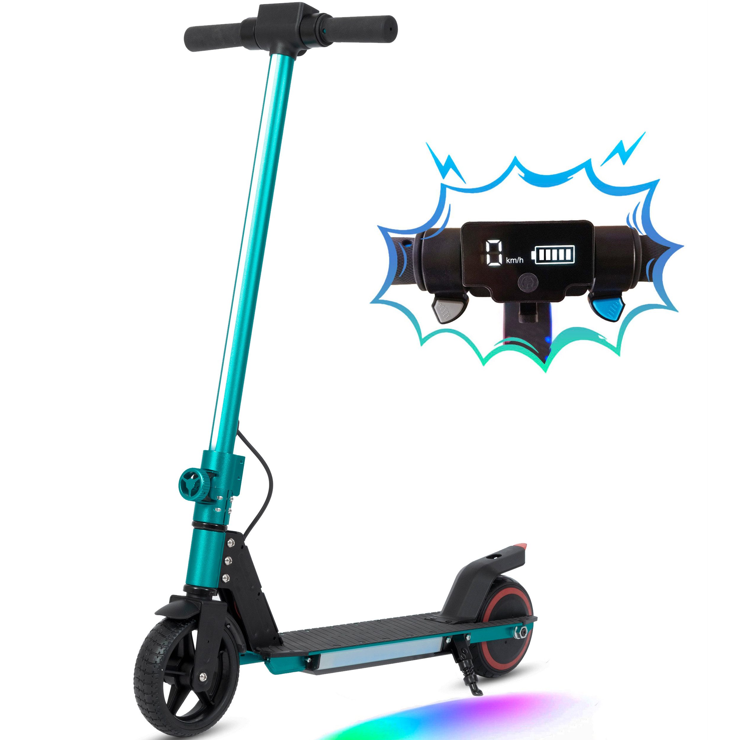 Sinaopus Cityroller Elektro-Kinderroller ab 6 Jahren, klappbarer E-Roller, bis zu 8km, 150 W, 14 km/h, (LED-Display, EBS + Fußbremse, Aluminiumrahmen), Farbige LED-Lichtleiste, mit Frontlicht, E-Scooter für Kinder