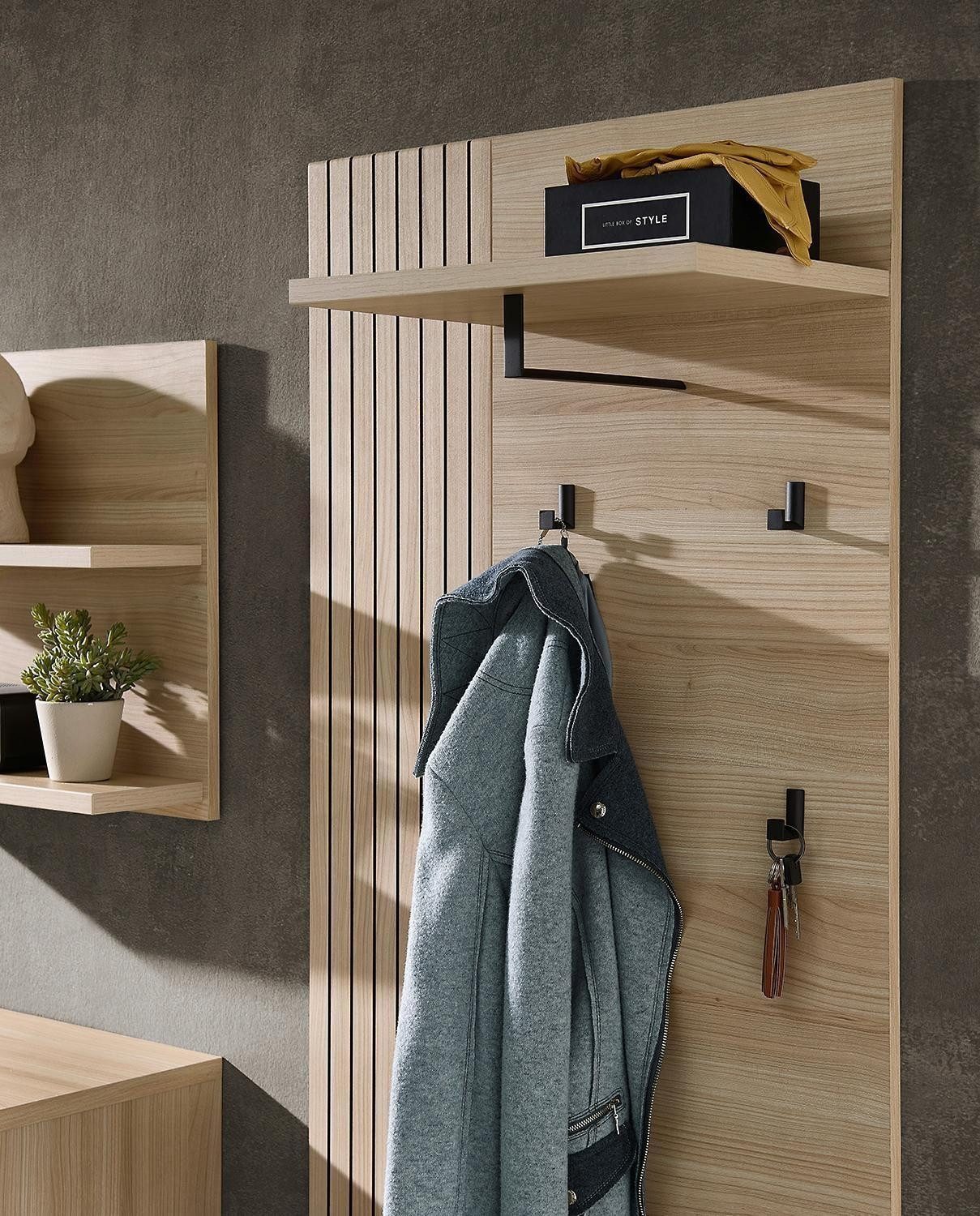 Innostyle Garderobenpaneel PISA, Riva Eiche Dekor, 1 Kleiderstange, 4 Haken, mit Hutablage, B 70 x H 175 x T 30 cm