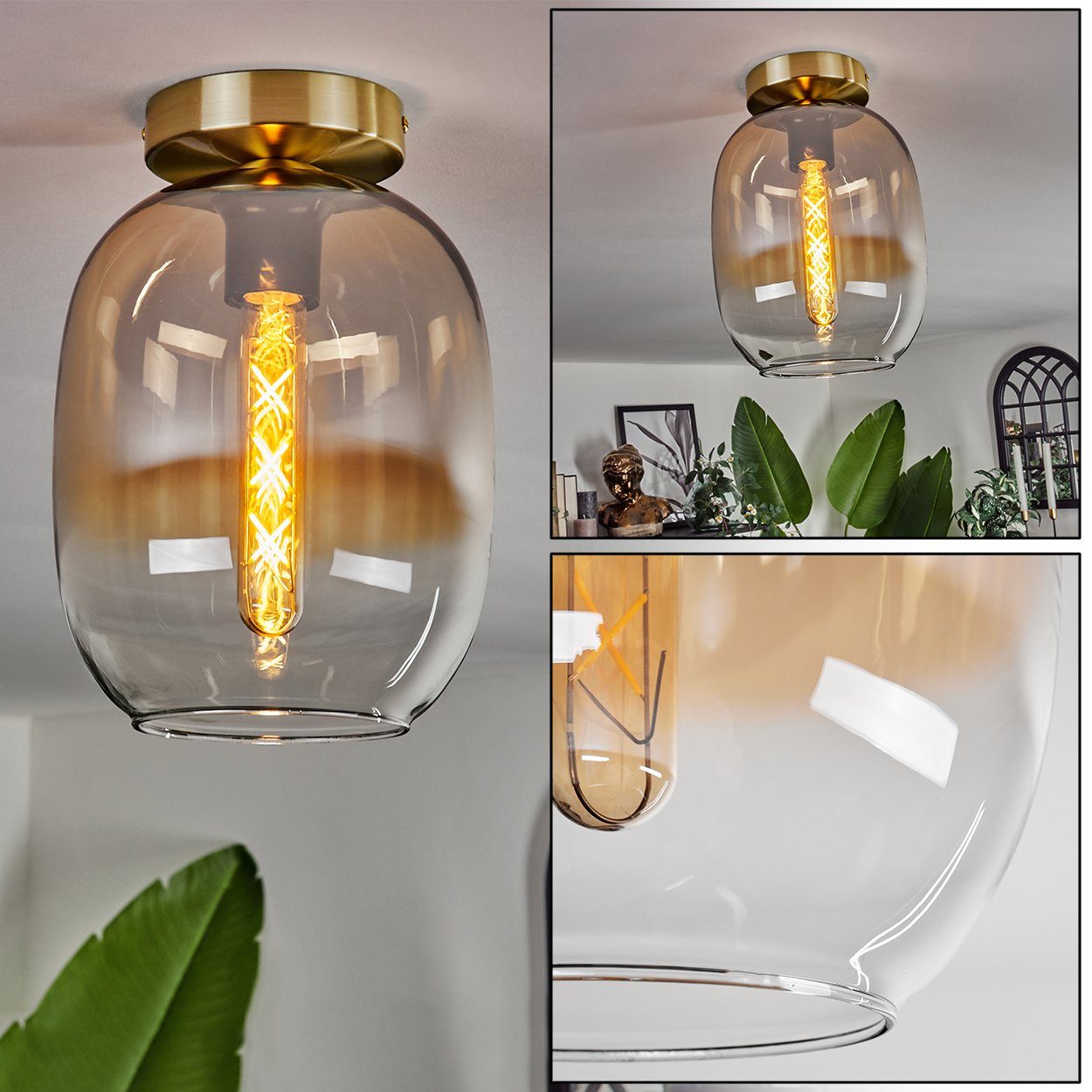 hofstein Deckenleuchte Deckenlampe aus Metall/Glas in Messingfarben/Bernsteinfarben/Klar, ohne Leuchtmittel, Leuchte im Retro-Design aus Glas, 1 x E27, ohne Leuchtmittel