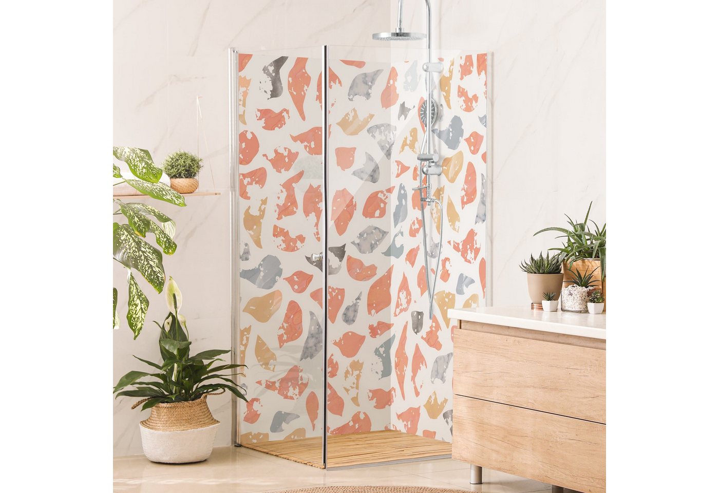 Thumbnail - Bilderdepot24 Duschrückwand Terrazzo rosa Duschrückwand ohne Bohren Dusche Muster, (2-tlg., 0,61 mm starke Folie selbstk...