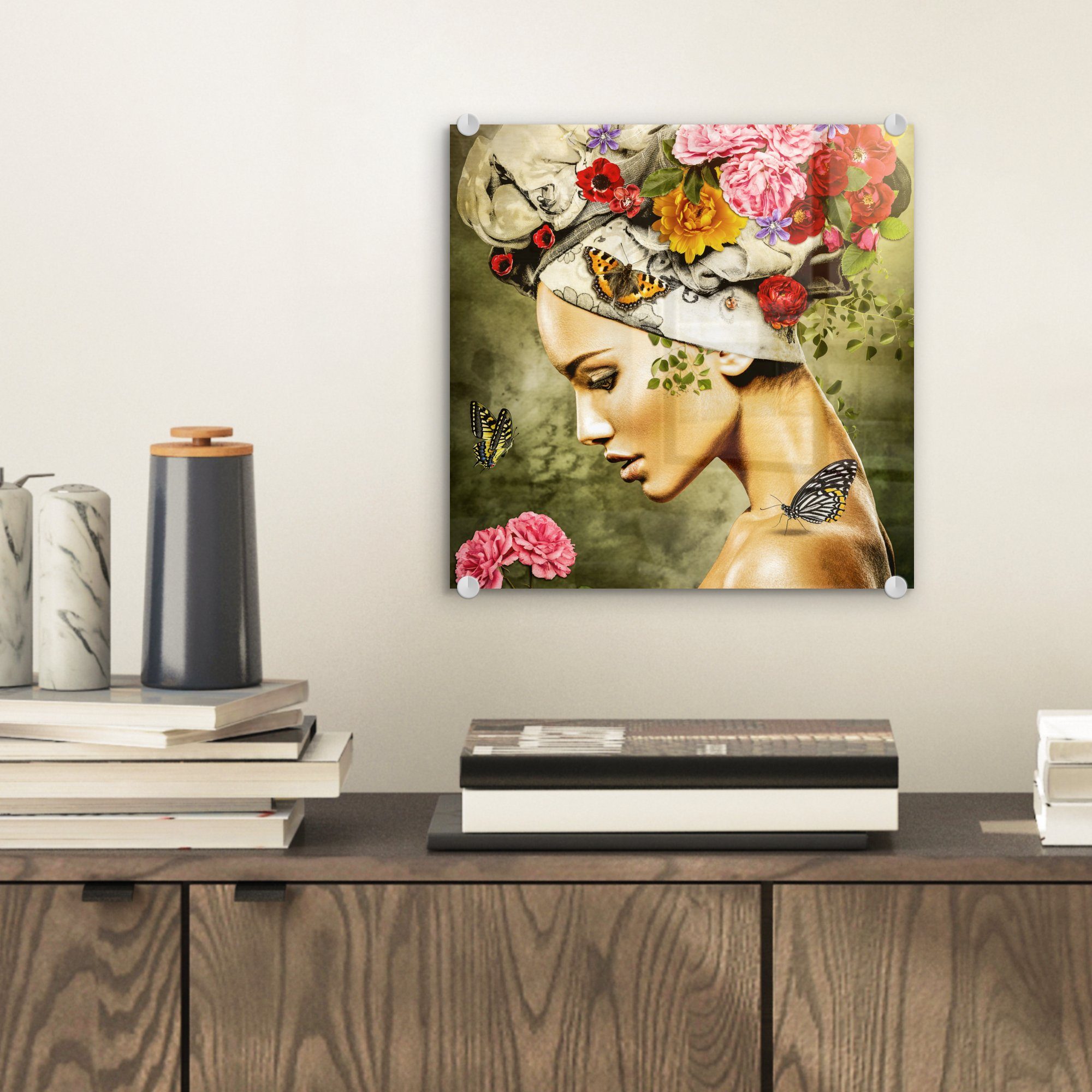 - Glas - - Frau Schmetterlinge Wanddekoration Foto Acrylglasbild - - (1 MuchoWow Wandbild Kopftuch, Glasbilder bunt Blumen Farben St), - - auf Bilder - auf Glas Rosen