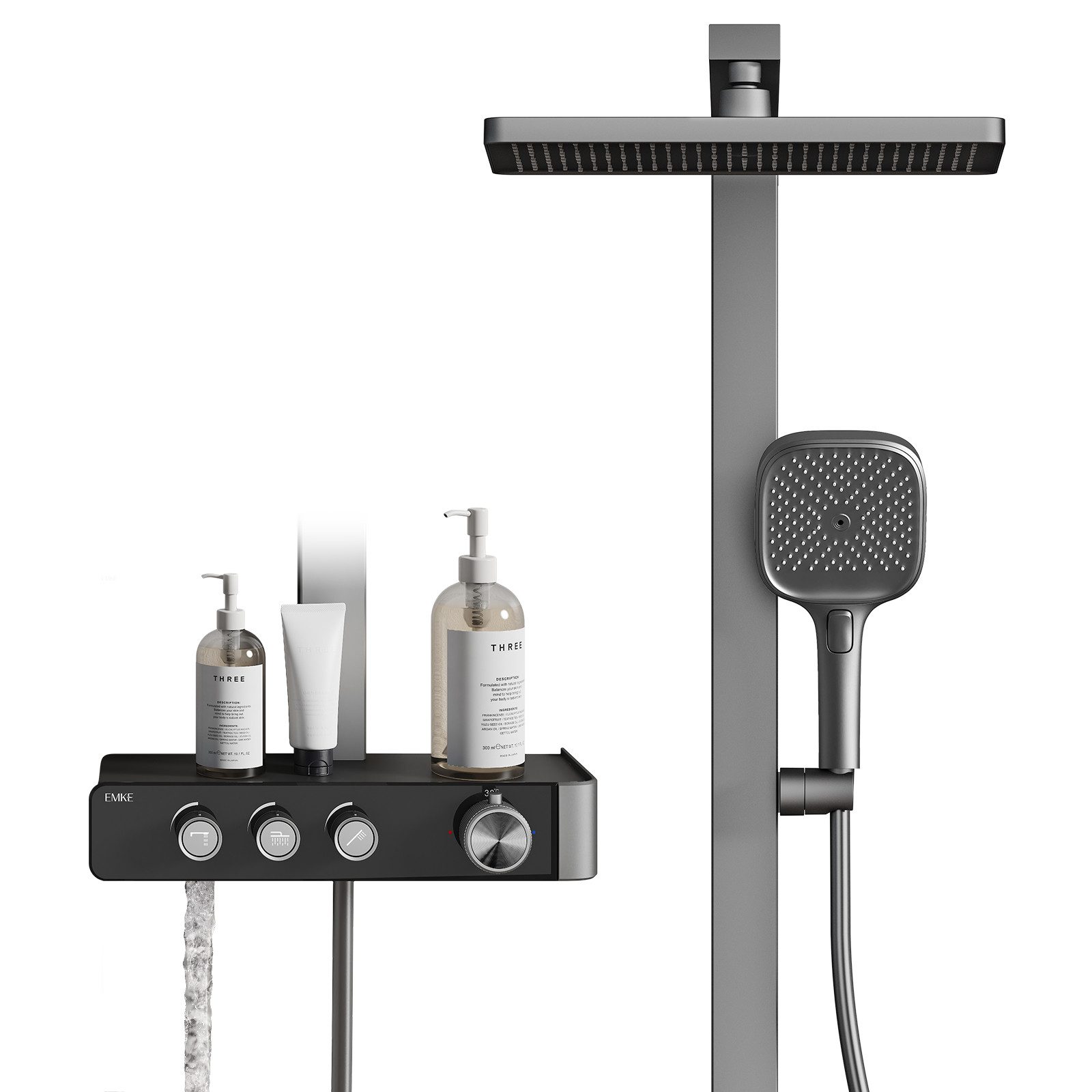 EMKE Duschsystem Komplettset mit Thermostat und großflächiger Regendusche Duschkopf, Höhe 112 cm, 3 Strahlart(en), 36x24 cm Regendusche Handbrause, Brausestange und 150cm Schlauch